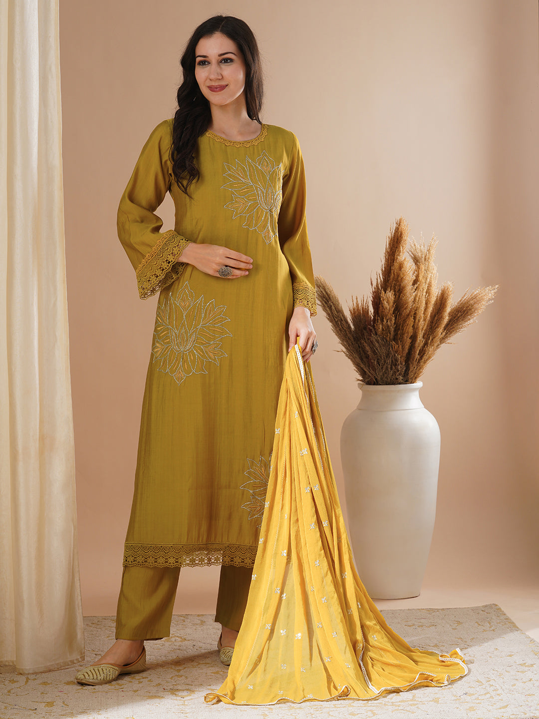 FASHOR Floral Embroidered A-Line Kurta with Pant and Dupatta - Mustard