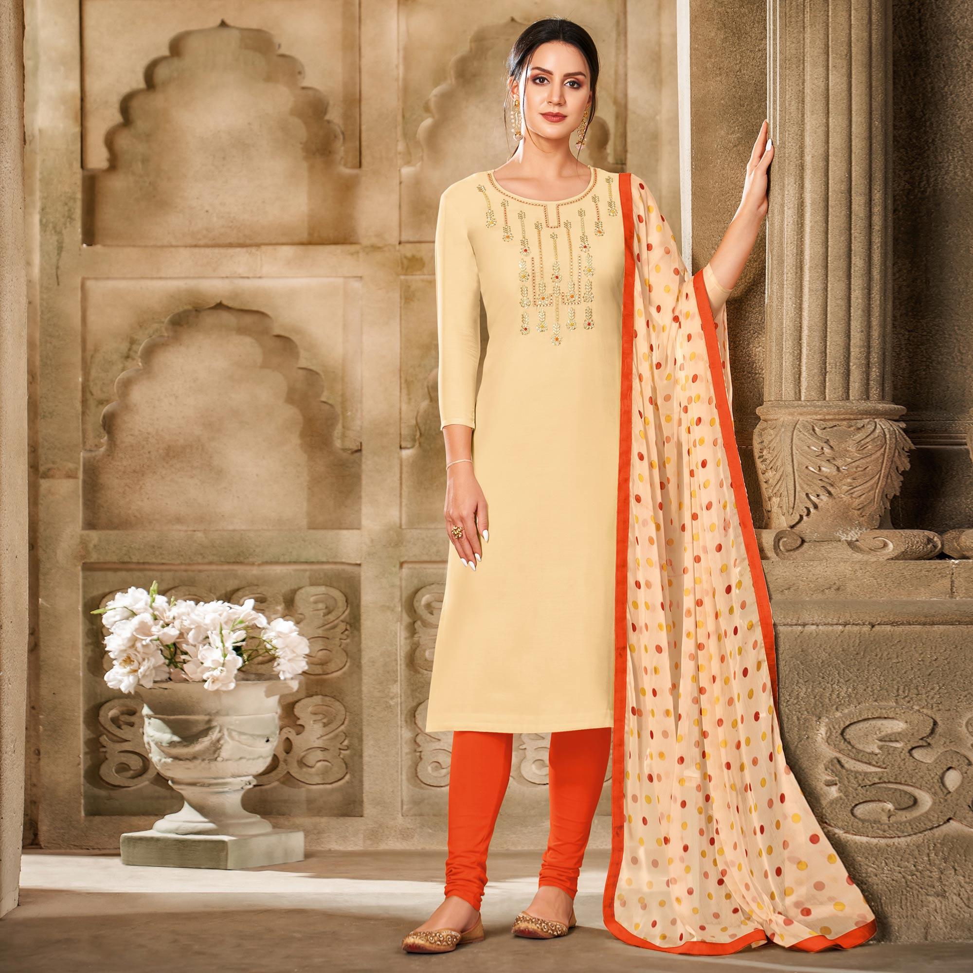 Peachmode Mesmeric Cream Colored Casual Wear Embroidered Chanderi Dress Material