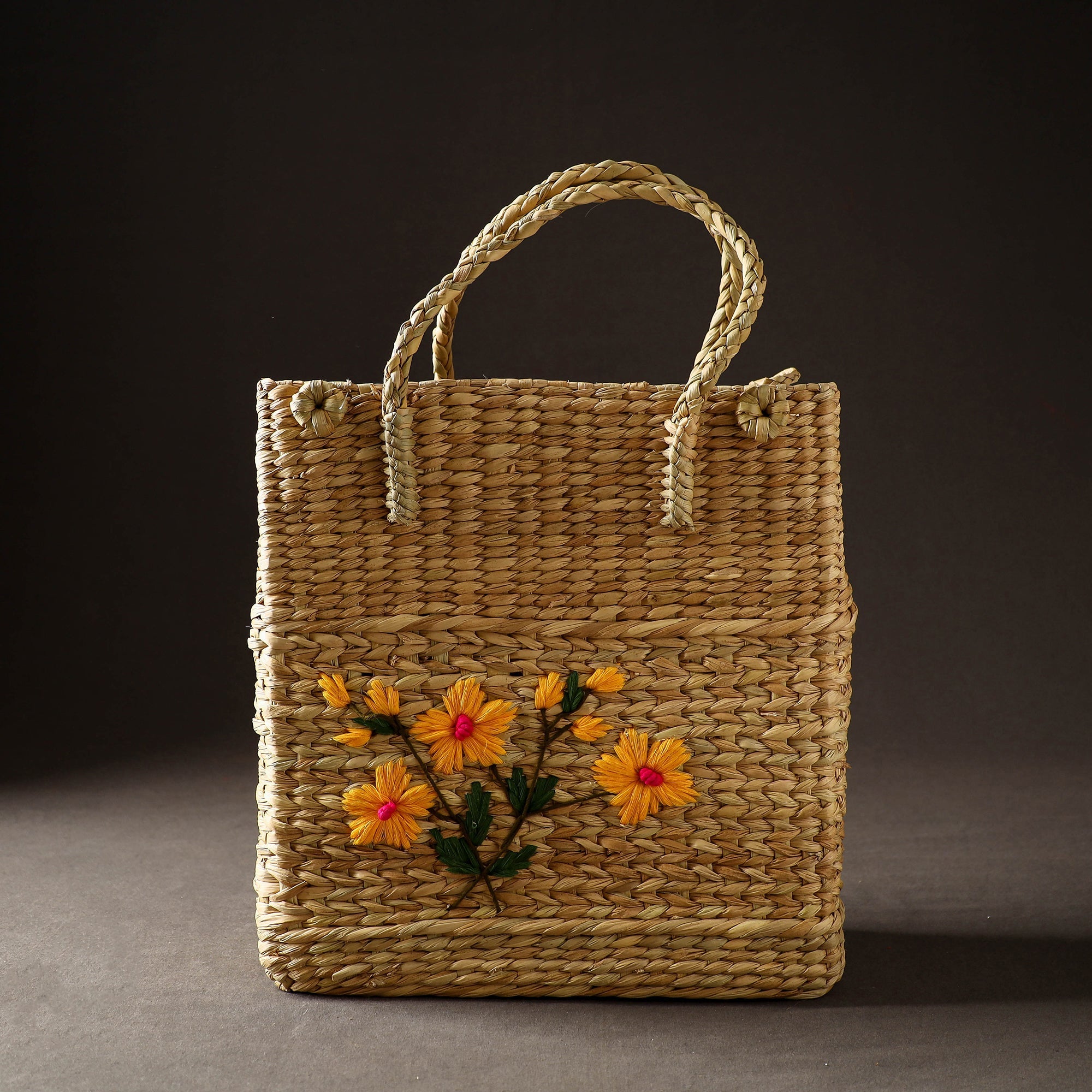 ITOKRI CRAFTS INITIATIVE Beige - Handcrafted Natural Water Reed Embroidered Shopping Bag