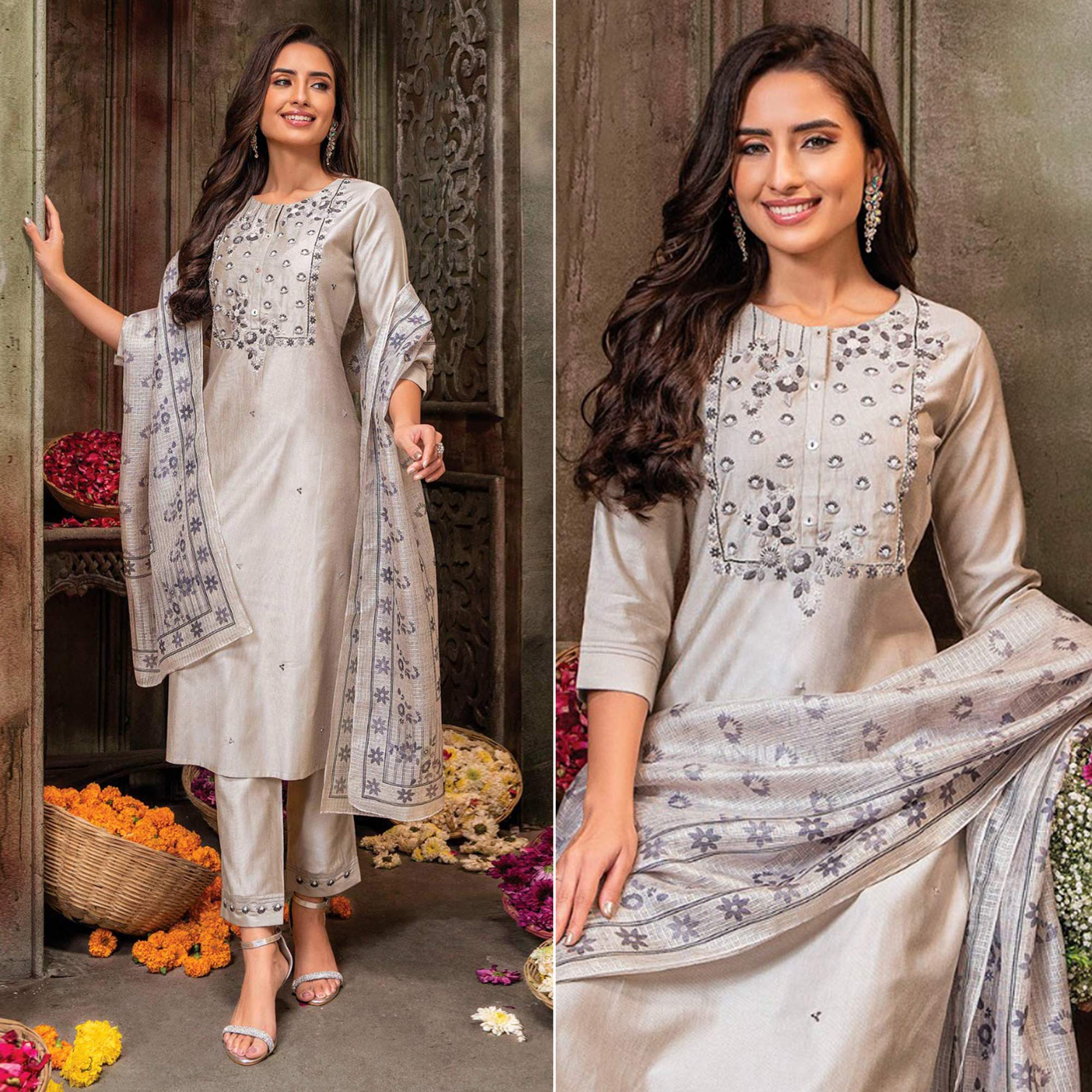 Peachmode Cream Handwork Embroidered Viscose Salwar Suit