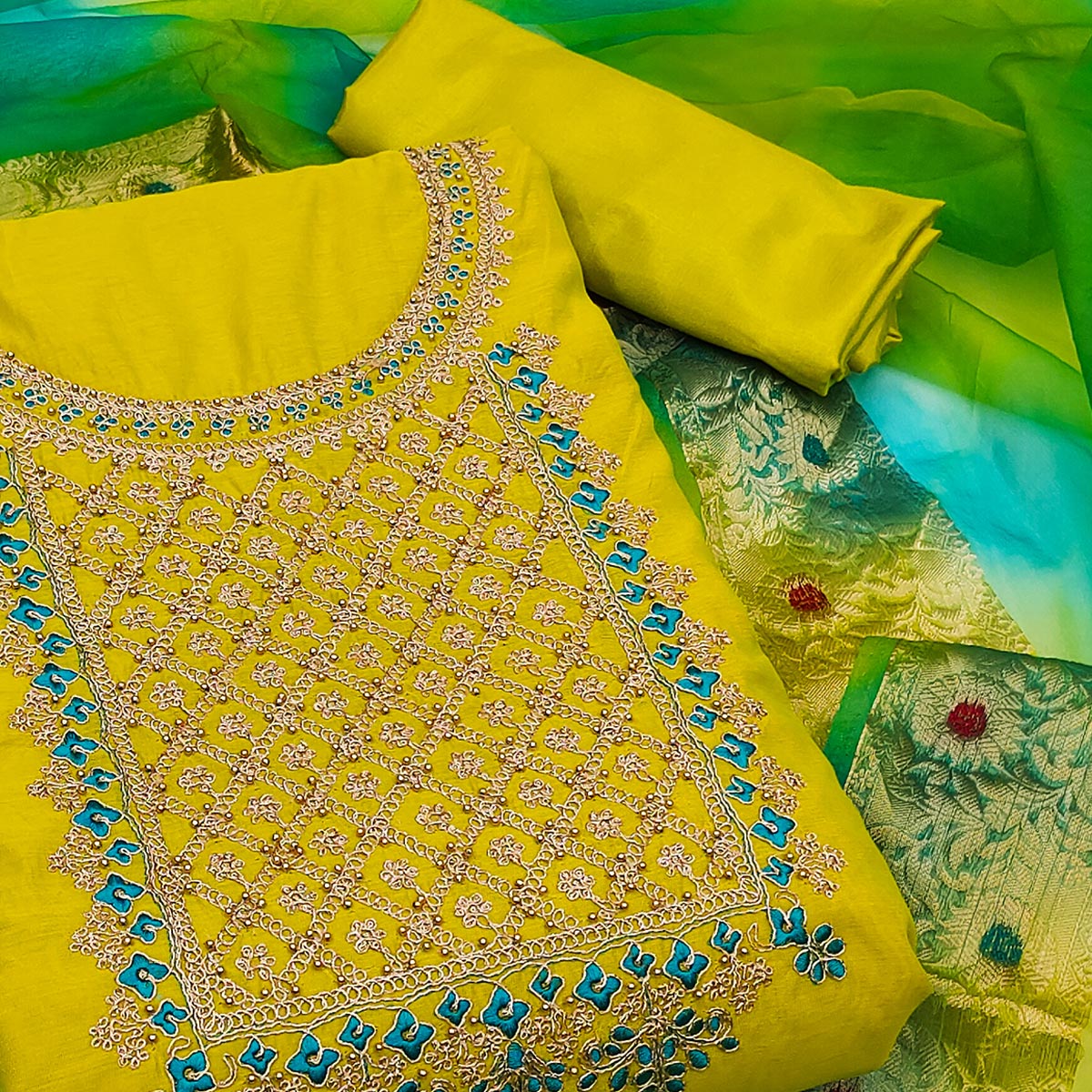 Peachmode Lemon Green Embroidered Modal Dress Material - view 2