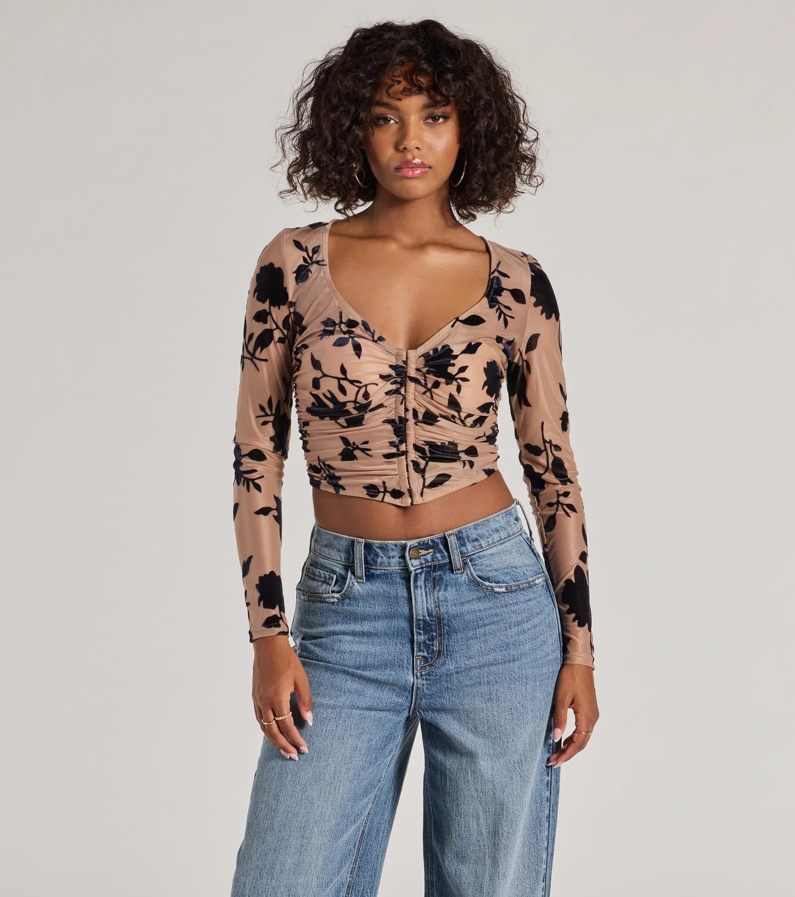 Windsor Charming Flocked Floral Mesh Long Sleeve Corset Top