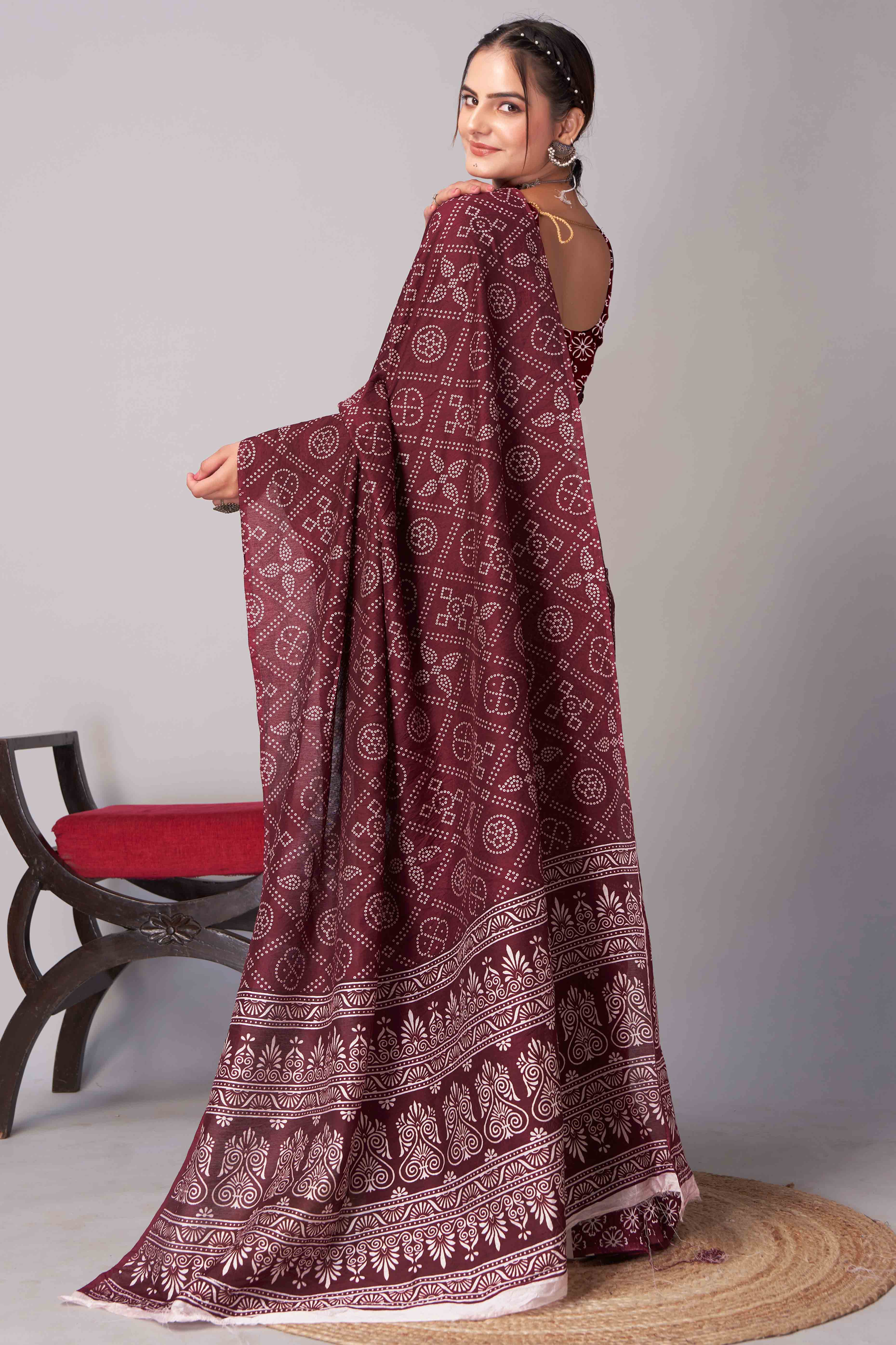 Peachmode Dark Maroon Ajrakh Printed Cotton Blend Saree - view 5
