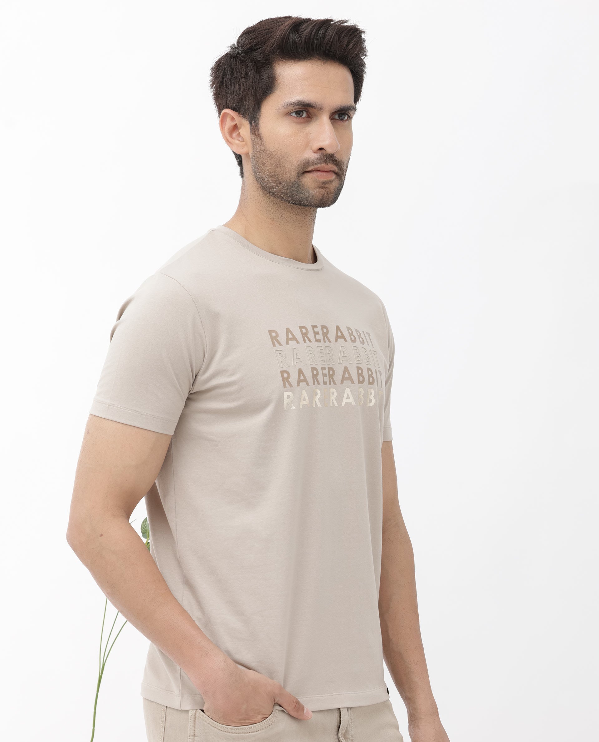 Rare Rabbit Men's Callum Beige Cotton Lycra Fabric Half Sleeves Graphic Statement Print T-Shirt - view 6