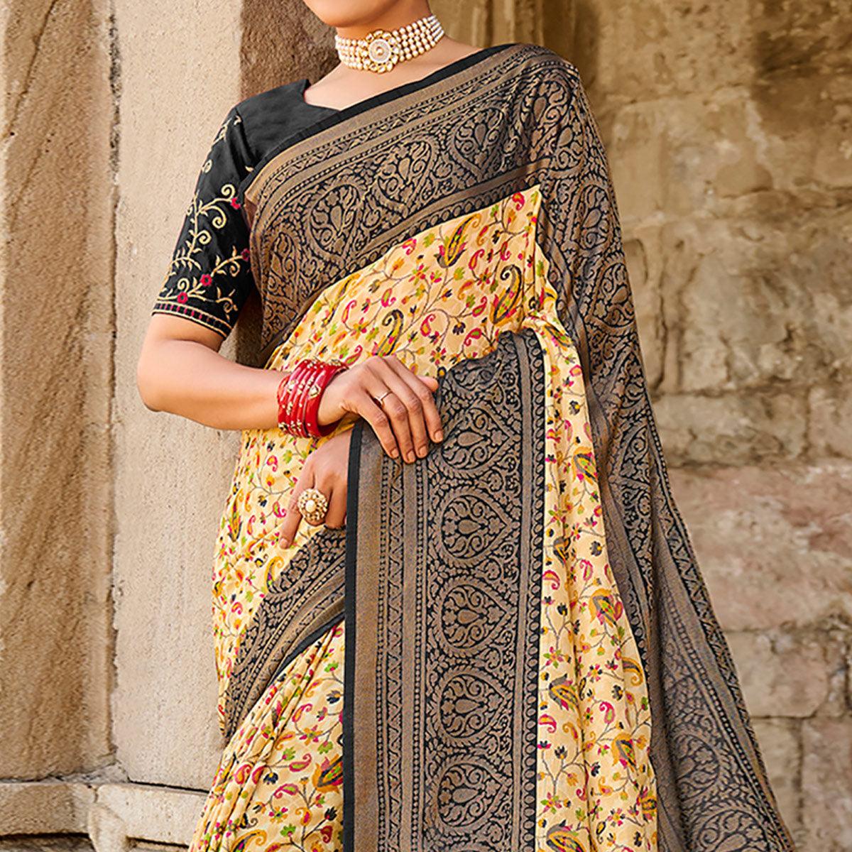 Peachmode Cream Printed Art Silk Saree With Tassels - view 3
