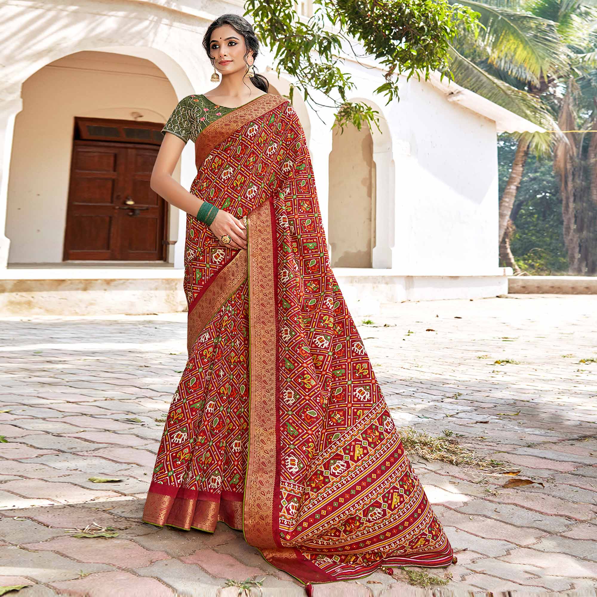 Peachmode Maroon Patola Printed Art Silk Saree