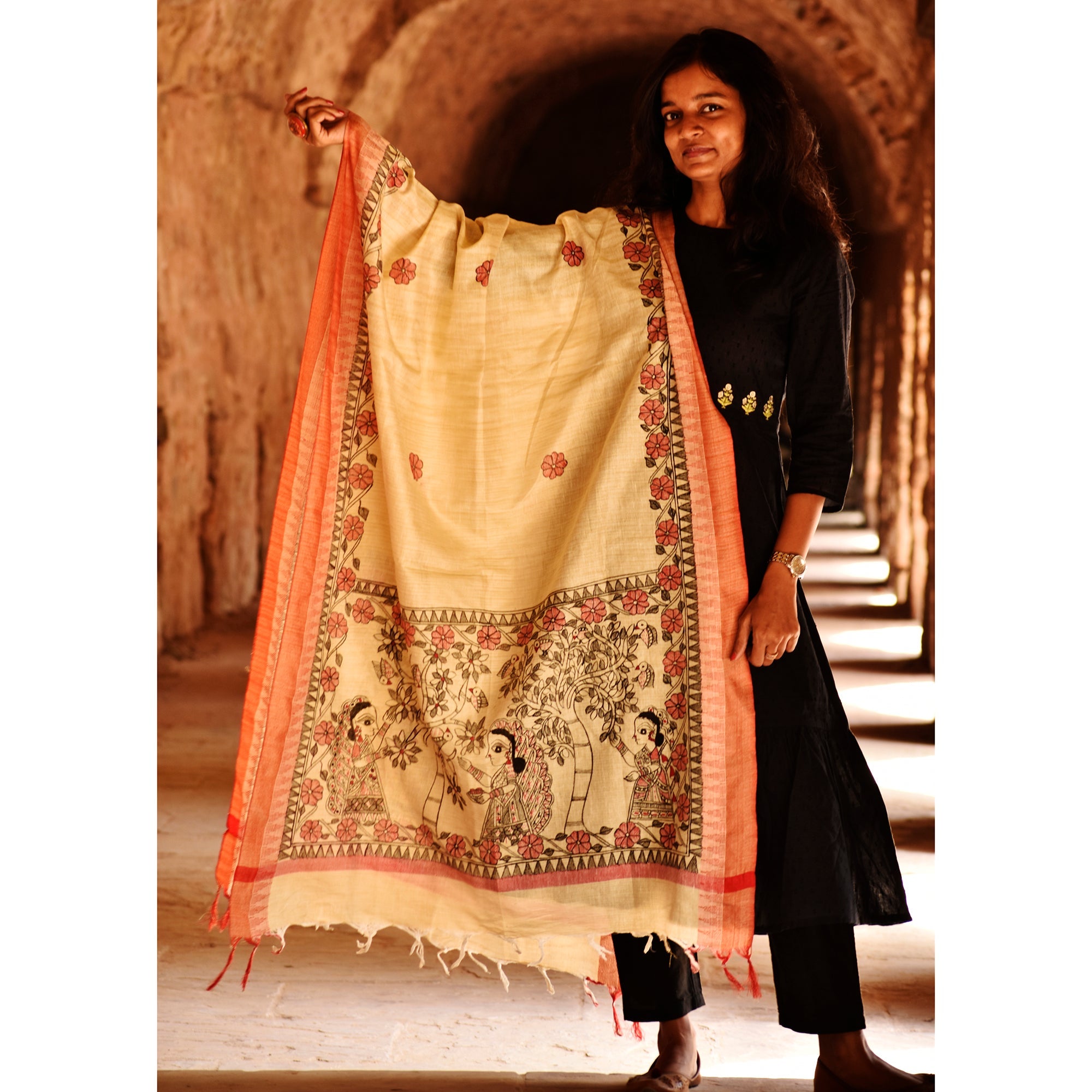 DIORAMA DESIGNS Beige - Madhubani Handpainted Black-Red Cotton Dupatta
