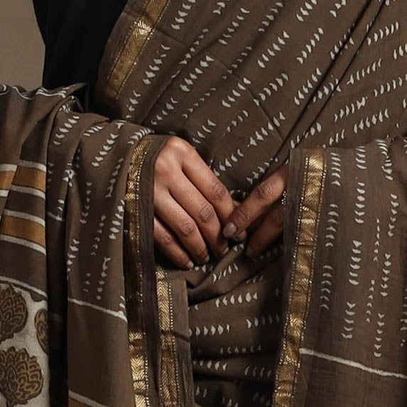 HAVELI CHRONICLES Brown - Cotton Akola Block Print Dupatta with Zari Border 19 - view 3