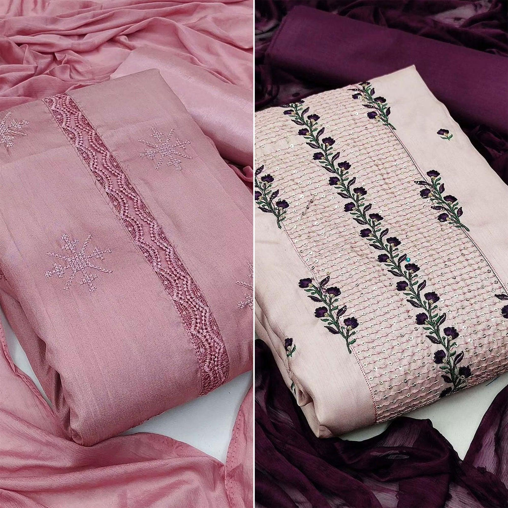Peachmode Casual Wear Embroidered Pure Silk Dress Materials Pack Of 2