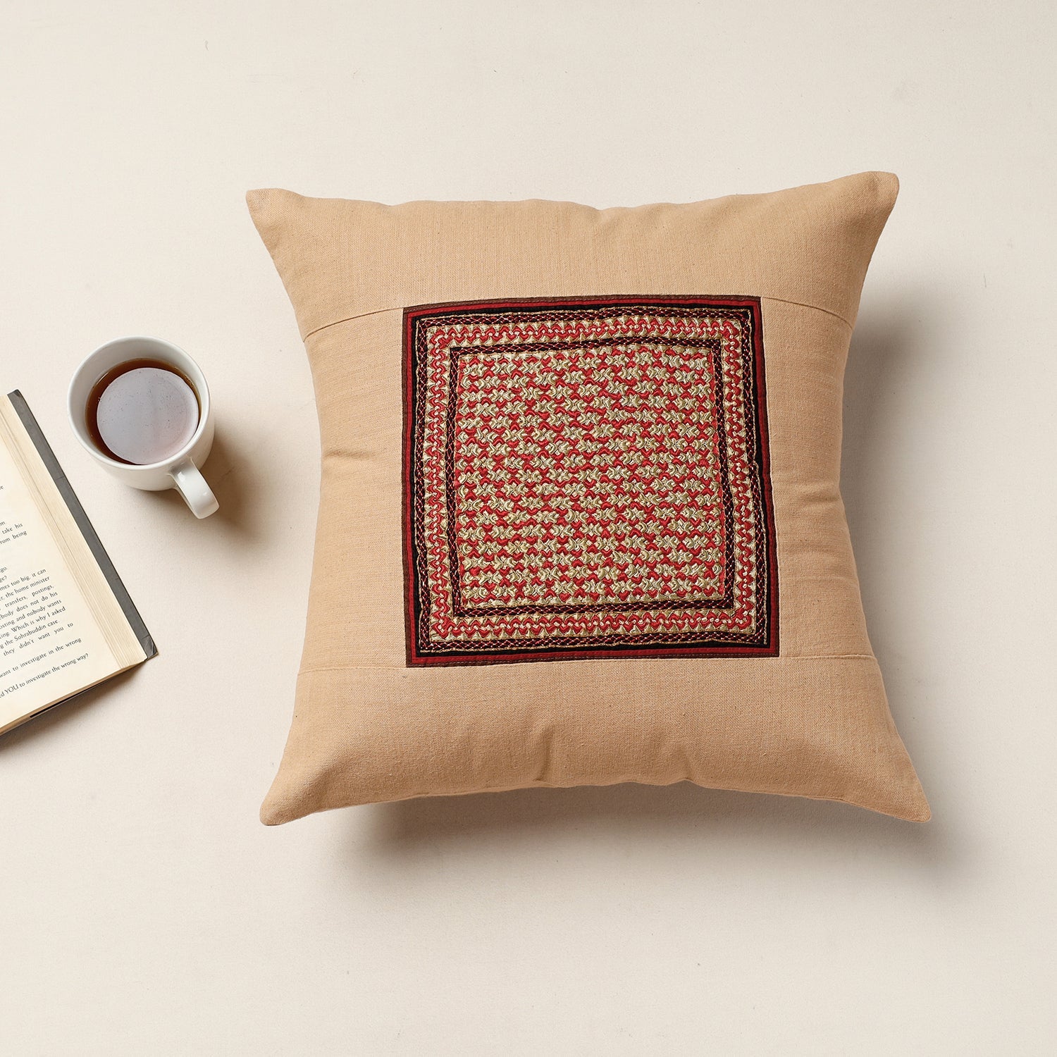 QASAB Beige - Kutch Neran Hand Embroidery Cotton Cushion Cover (16 x 16 in)