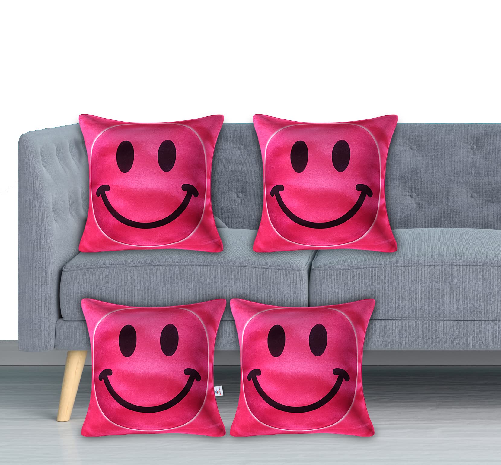 Heart Home Smiley Print Cushion Covers for Cushion, 16x16 Inches- Pack of 4 (Pink)