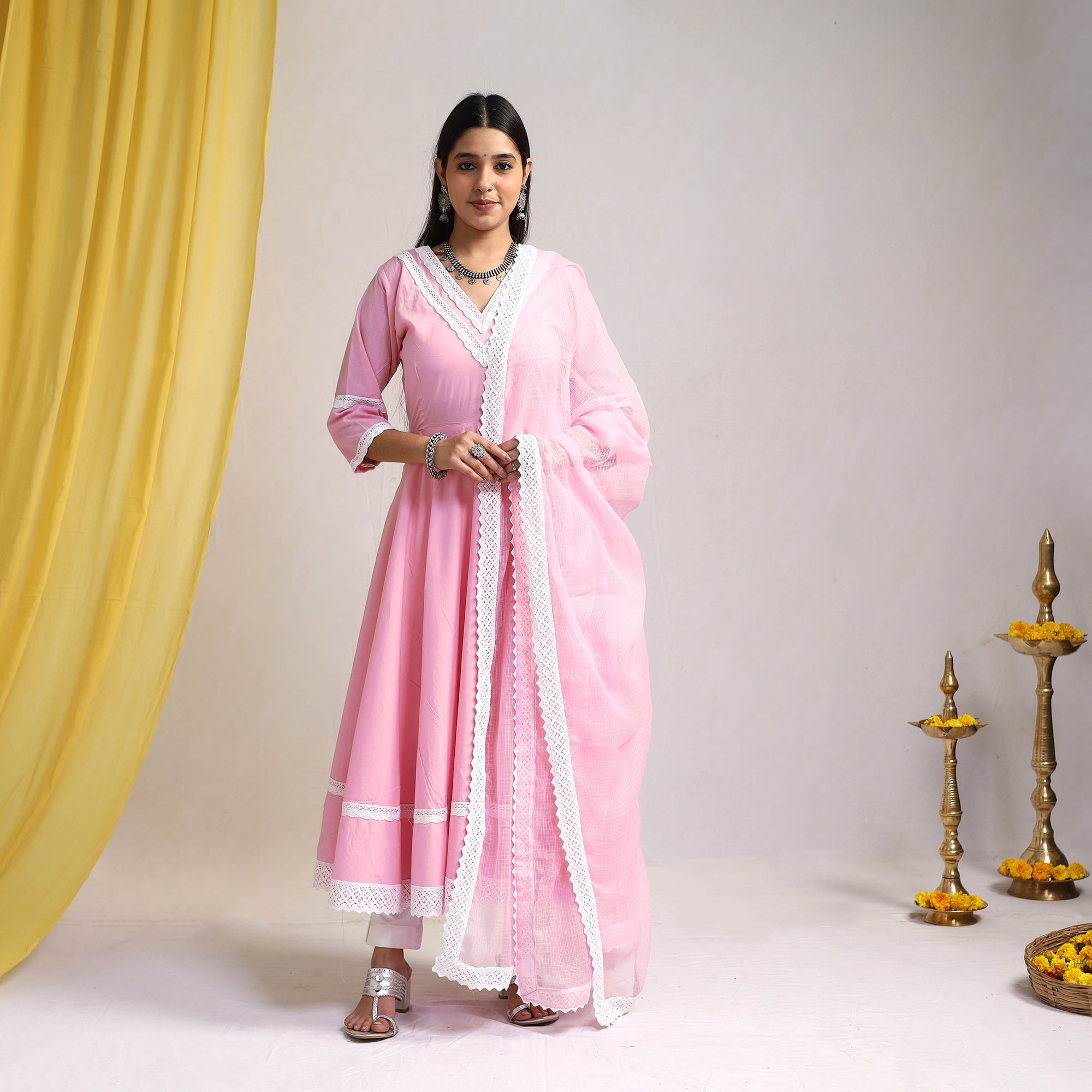ITOKRI CASUALS Baby Pink - Lace Work Plain Cotton Anarkali Kurta with Dupatta Set 10