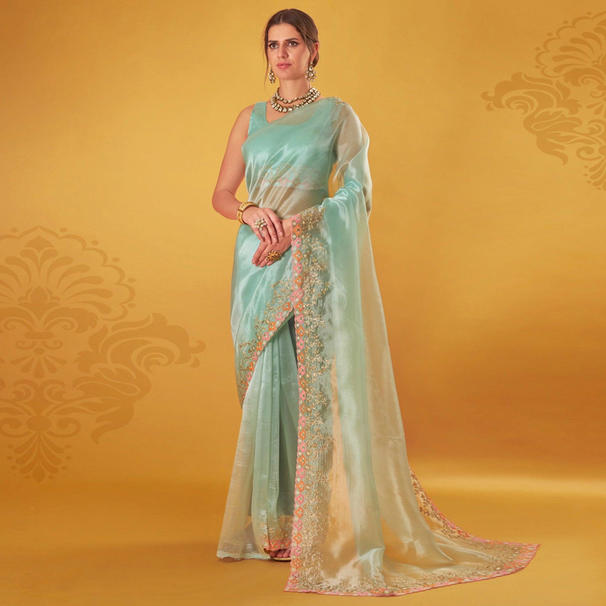 Peachmode Light Blue Embroidered Organza Saree - view 2
