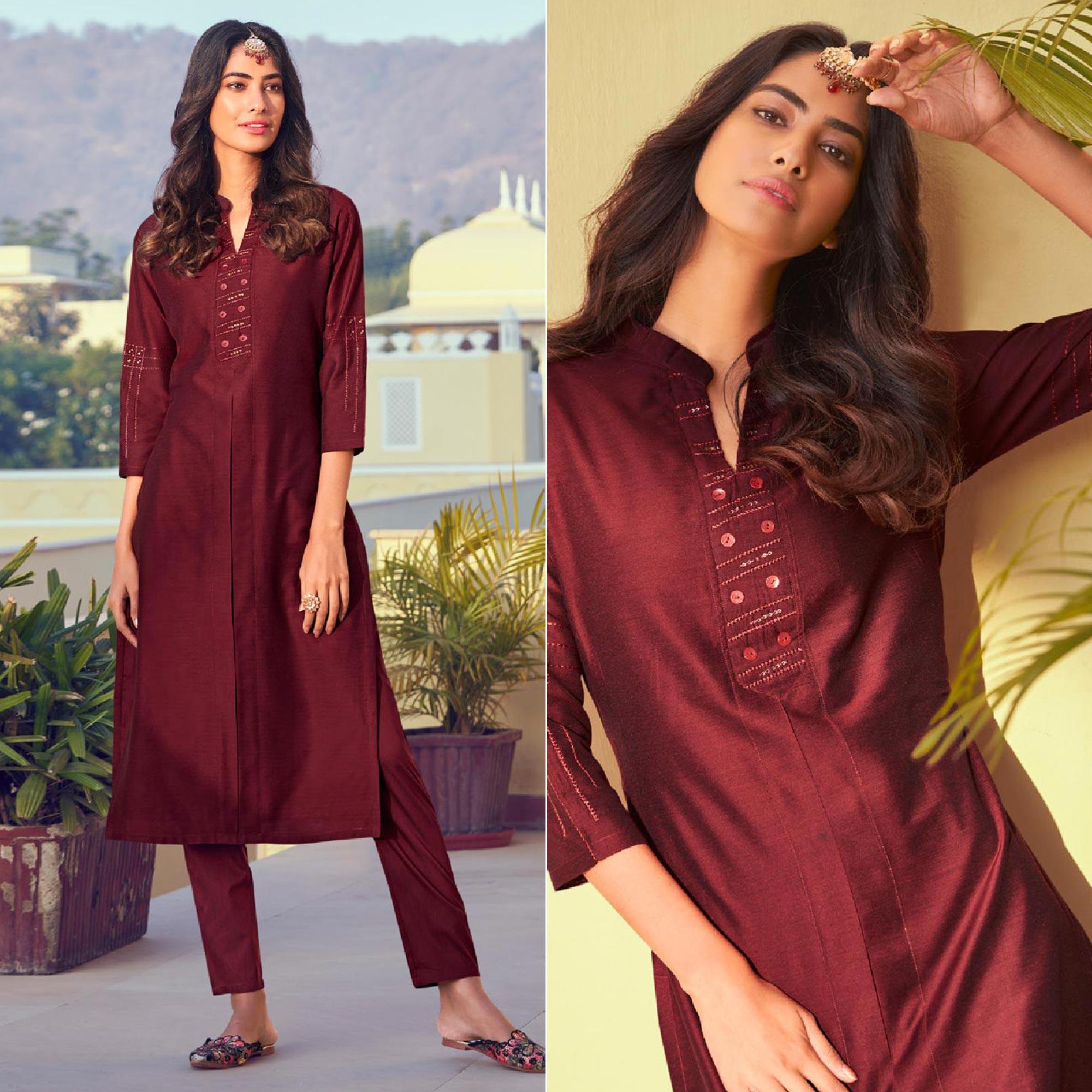 Peachmode Seller Maroon Solid Viscose Kurti Pant Set