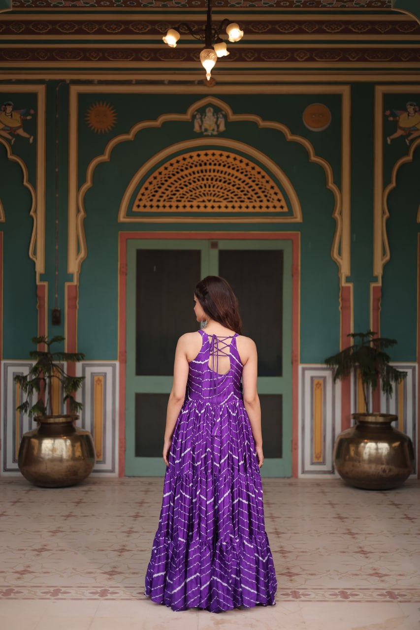 ClothsVilla Purple Graceful Leheriya Print Gown with Kutchi Patchwork - view 5