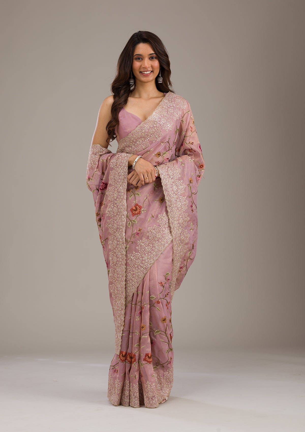 Koskii Lavender Threadwork Tissue Saree – Women's