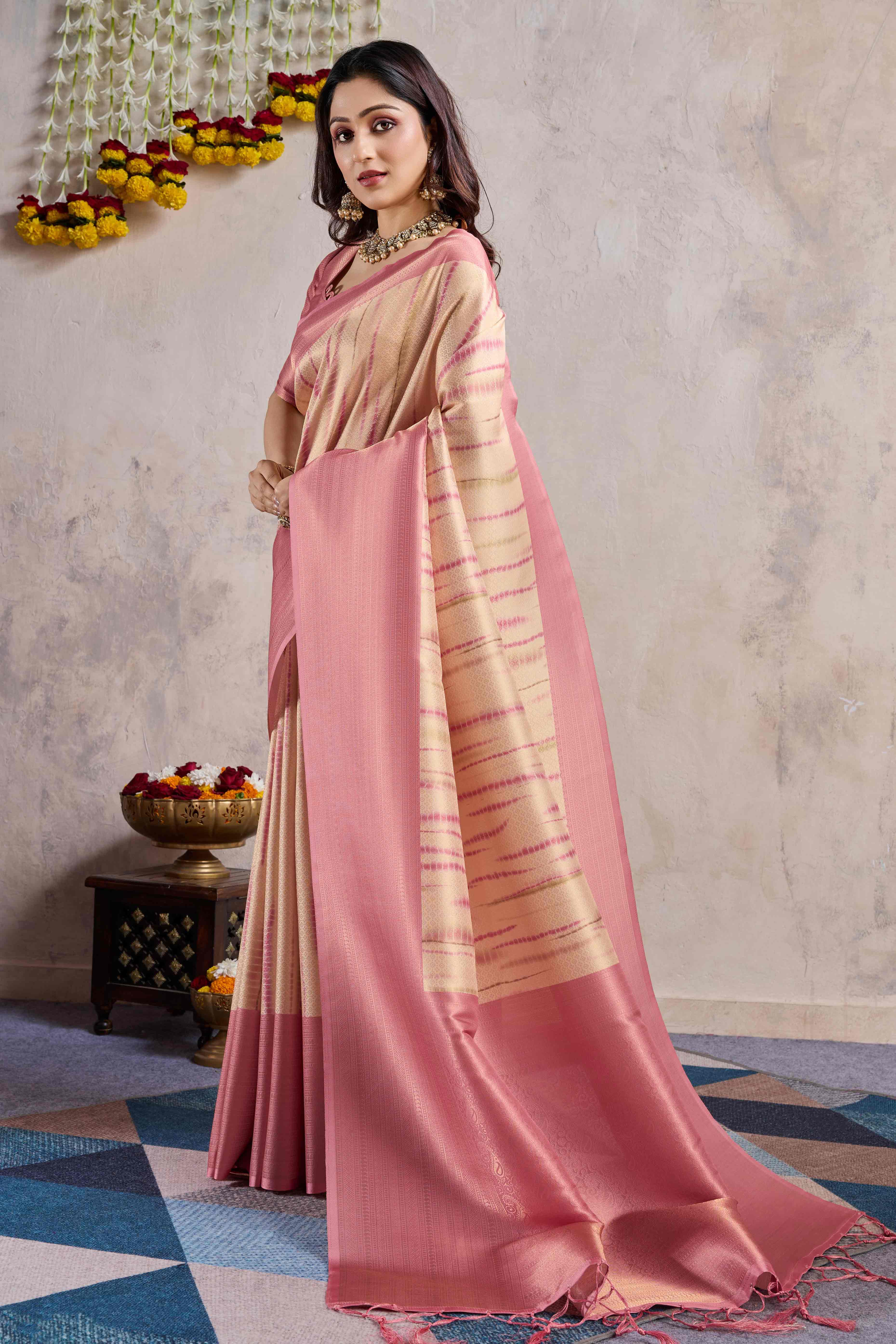 Peachmode Gajari Pink Woven With Digital Printed Banarasi Silk Saree - view 3