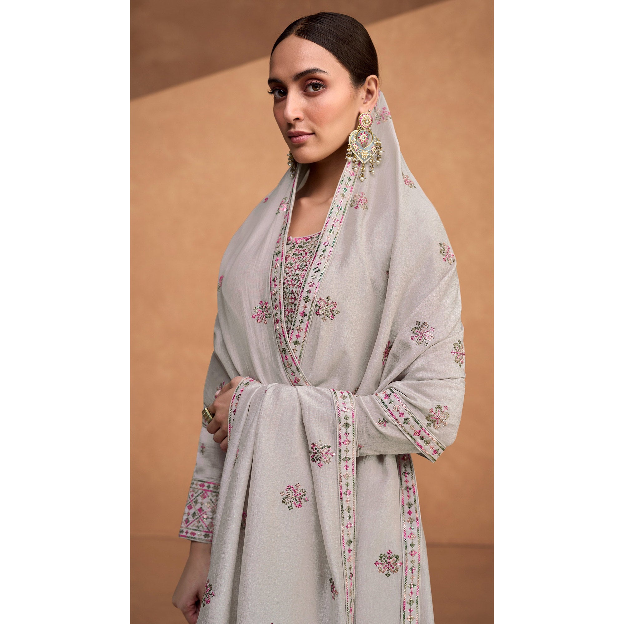 Peachmode Grey Sequins Embroidered Pure Silk Semi Stitched Suit - view 4