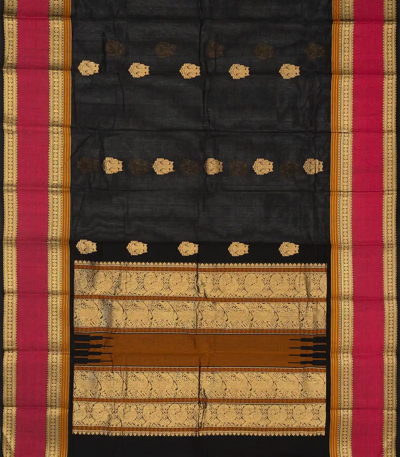 RmKV Black Handloom Kanchi Cotton Saree With Gandaberunda Buttas - view 2
