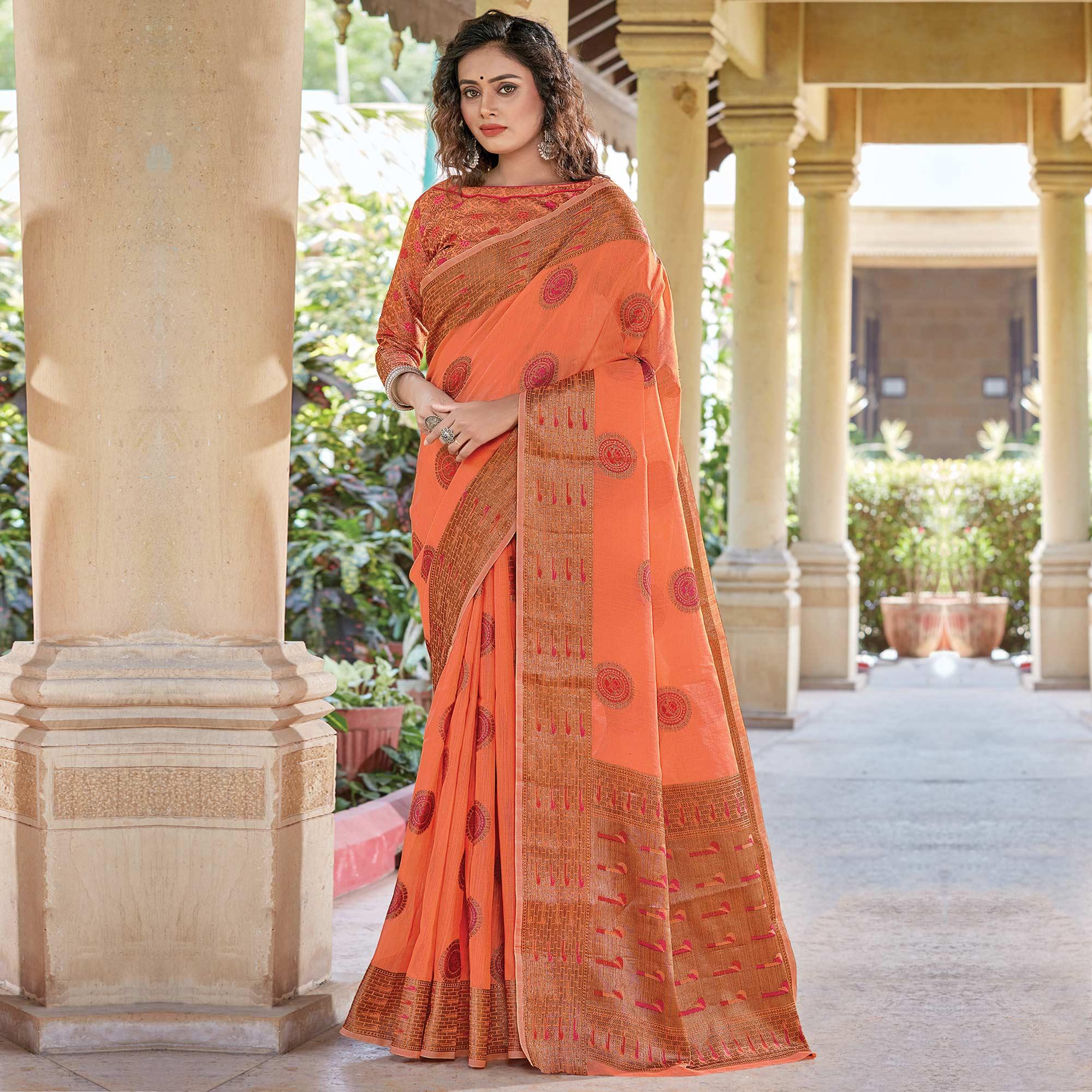 Peachmode Exotic Orange Coloured Festive Wear Woven Cotton Handloom Saree