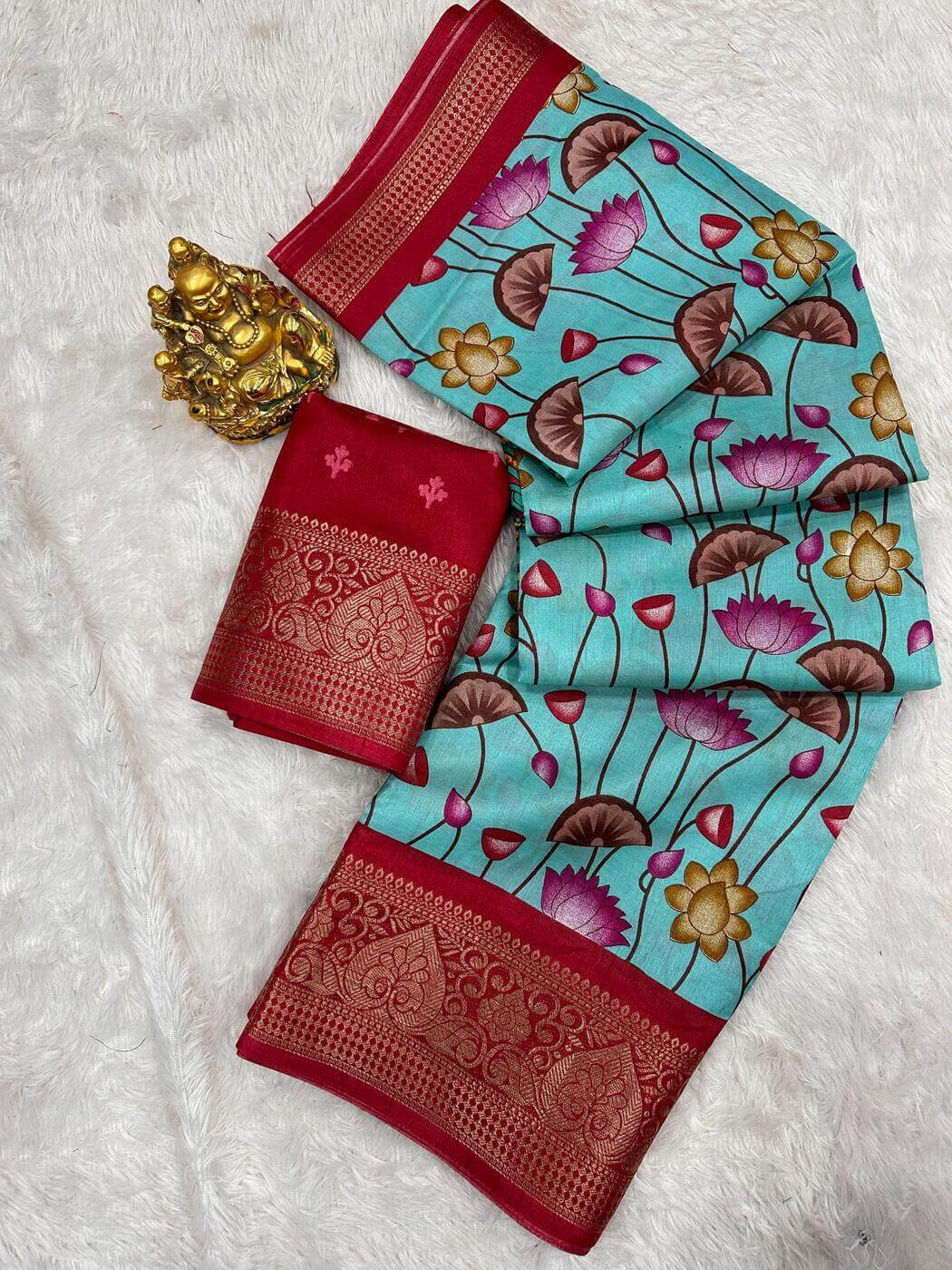 Shubh Blissful Firozi Digital Printed Dola Silk Saree With Desiring Blouse Piece