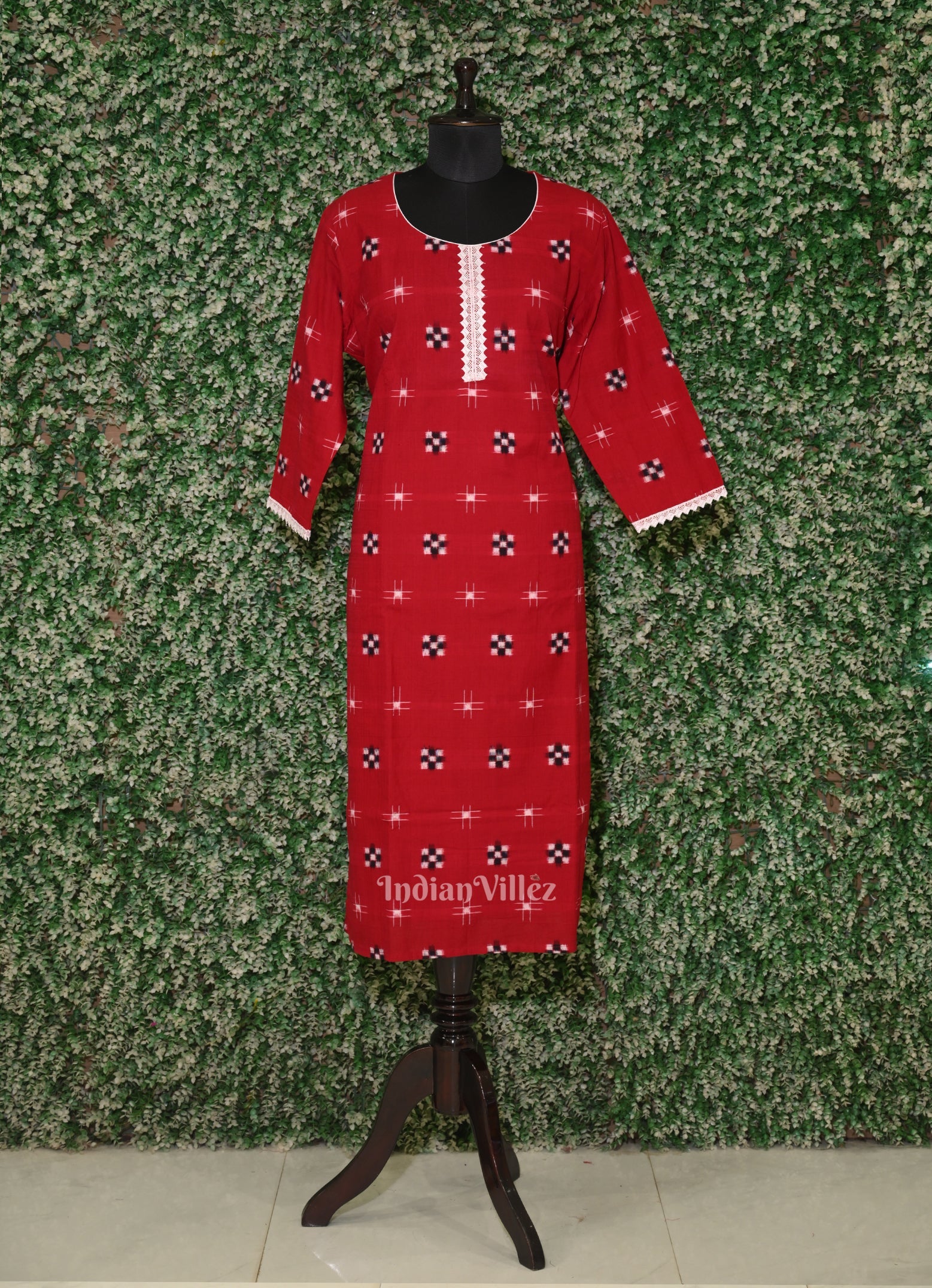 IndianVillèz Red Sambalpuri Pasapali design Odisha Ikat Designer Cotton Kurti for Women