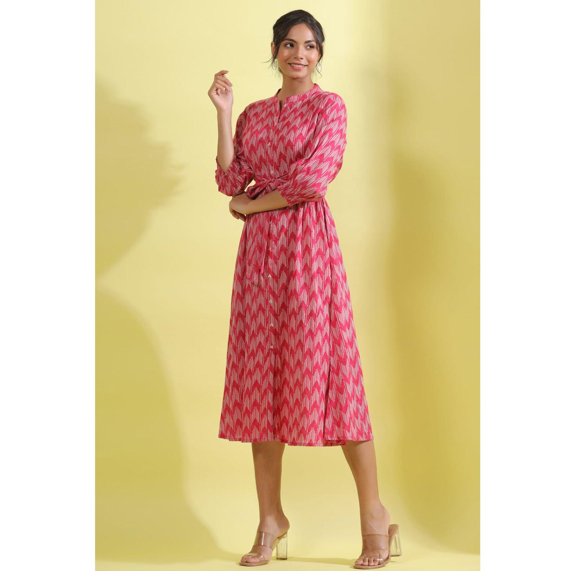Peachmode Light Pink Printed Pure Cotton Dress - view 4