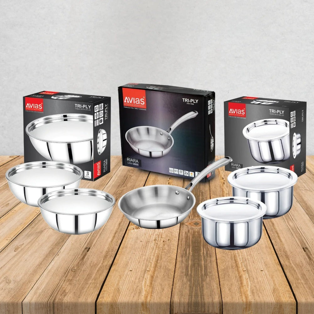 AVIAS Stainless steel Tri-Ply Riara (Tasla 20cm + Tasla 22cm + Frypan 22cm + Tope 14cm + Tope 16cm) | Induction Compatible | Silver | Set of 5 Pcs - view 12