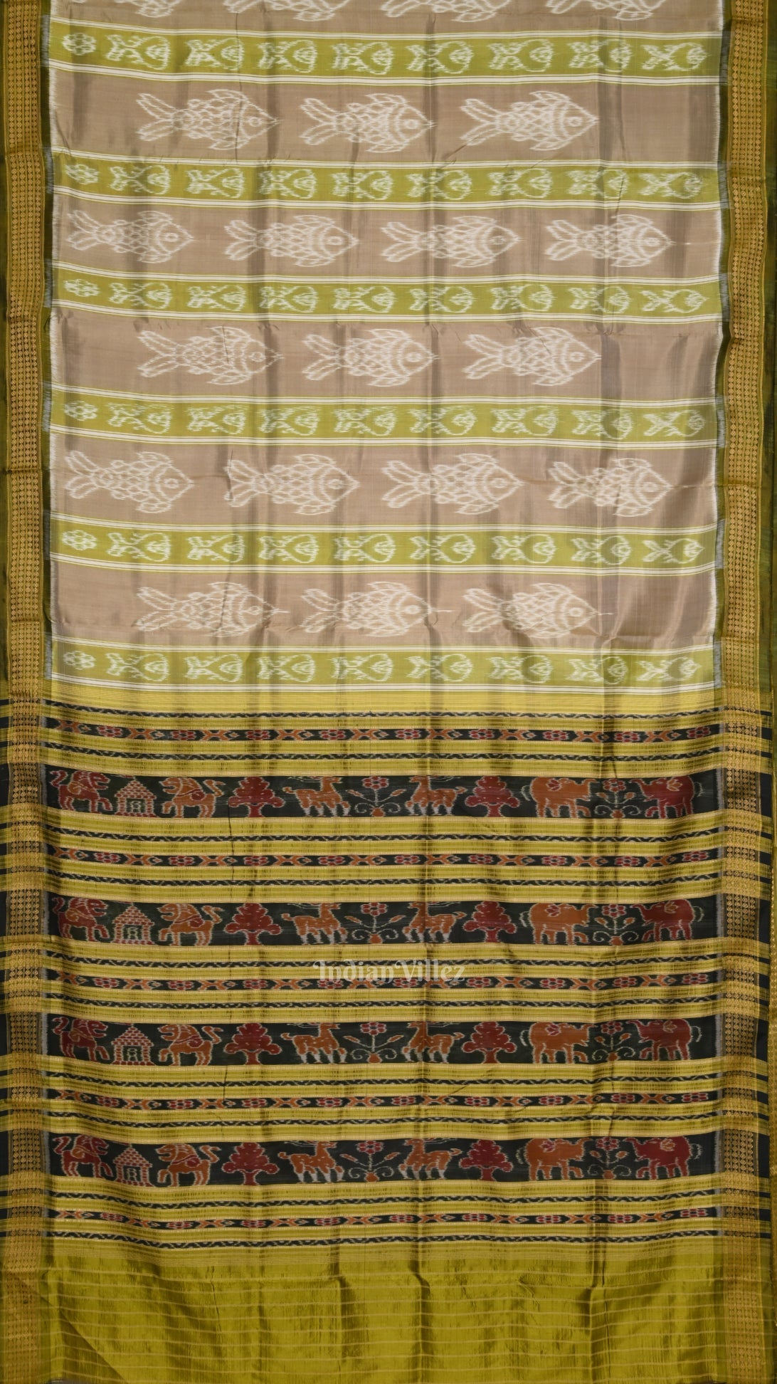 IndianVillèz Pastel Olive Green Fish Theme Odisha Handloom Khandua Silk Saree