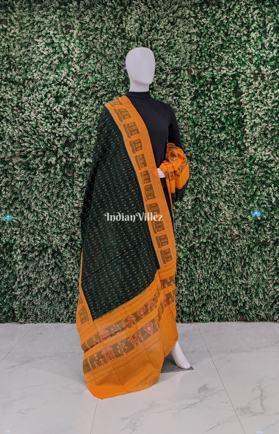 IndianVillèz Bottle Green Yellow Border Sambalpuri Ikat Cotton Dupatta