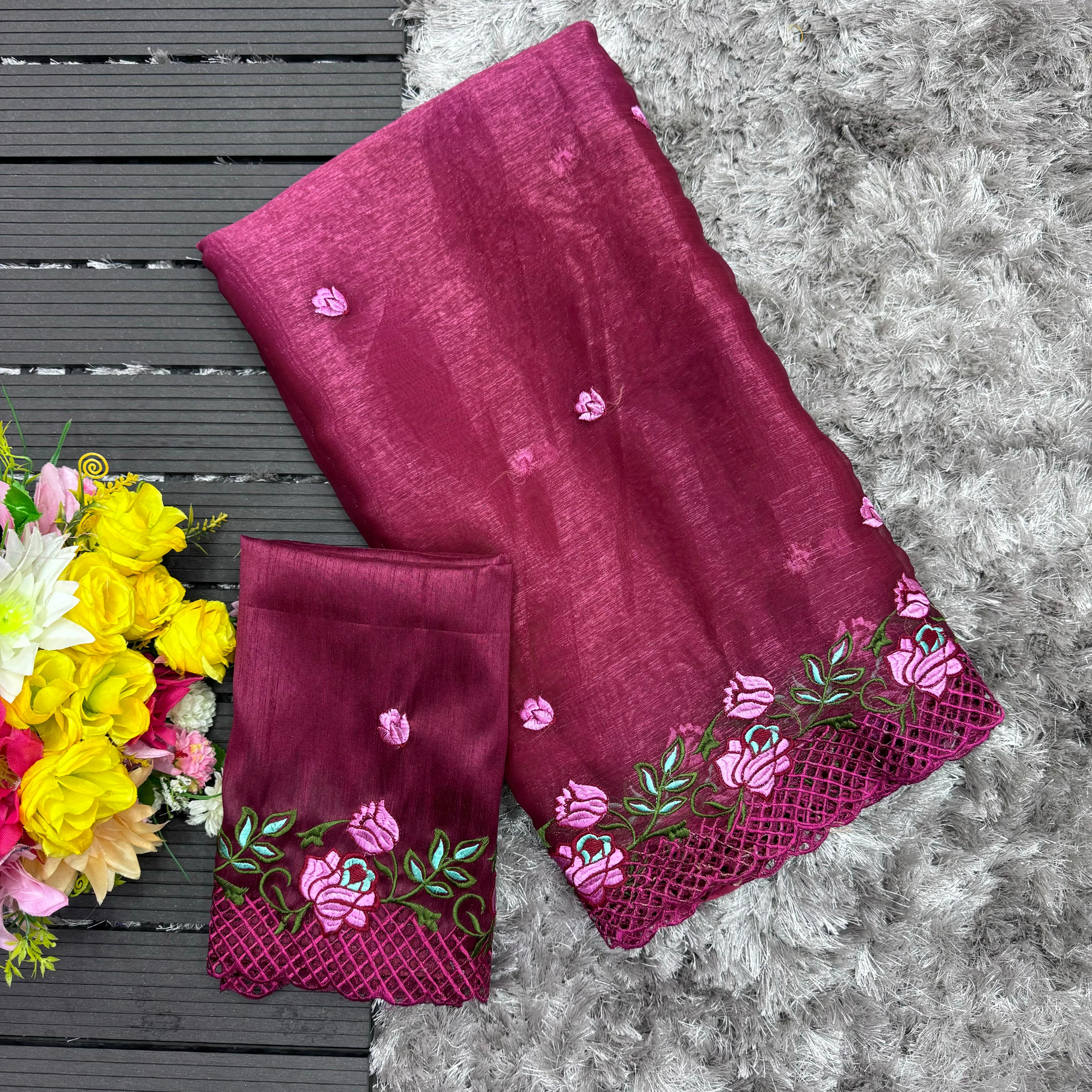 ClothsVilla Wine Crush Silk Saree with Intricate Floral Embroidery & Matching Blouse - view 3