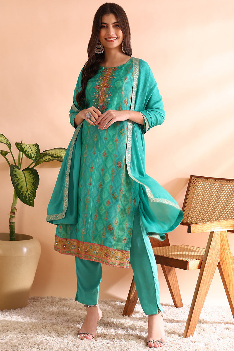 Ahika Sea Green Silk Blend Ethnic Motifs Woven Design Straight Trouser Bottom Suit Set PKSKD2581 - view 2