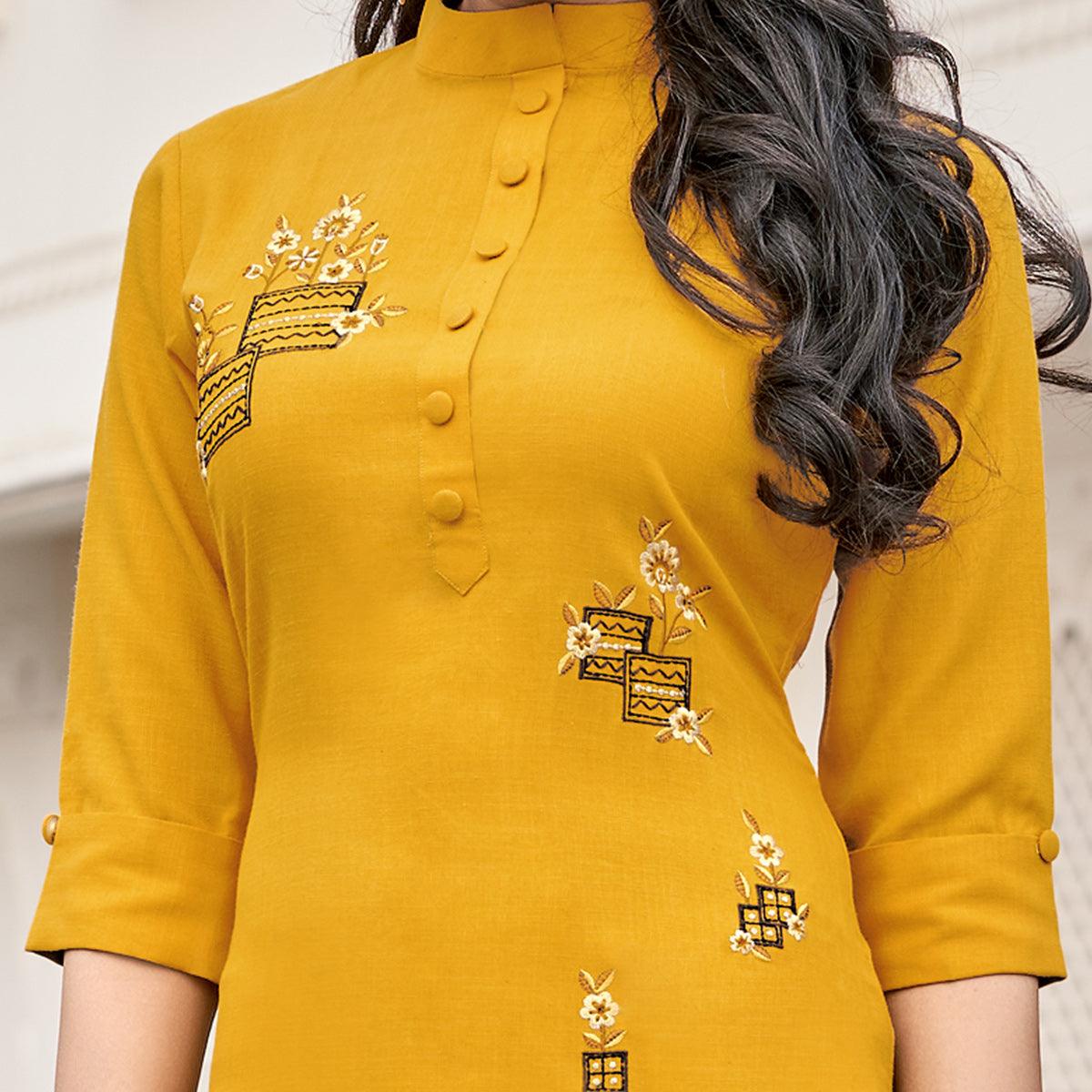 Peachmode Seller Imposing Mutard Yellow Colored Partywear Embroidered Cotton Slub Kurti Palazzo Set - view 2