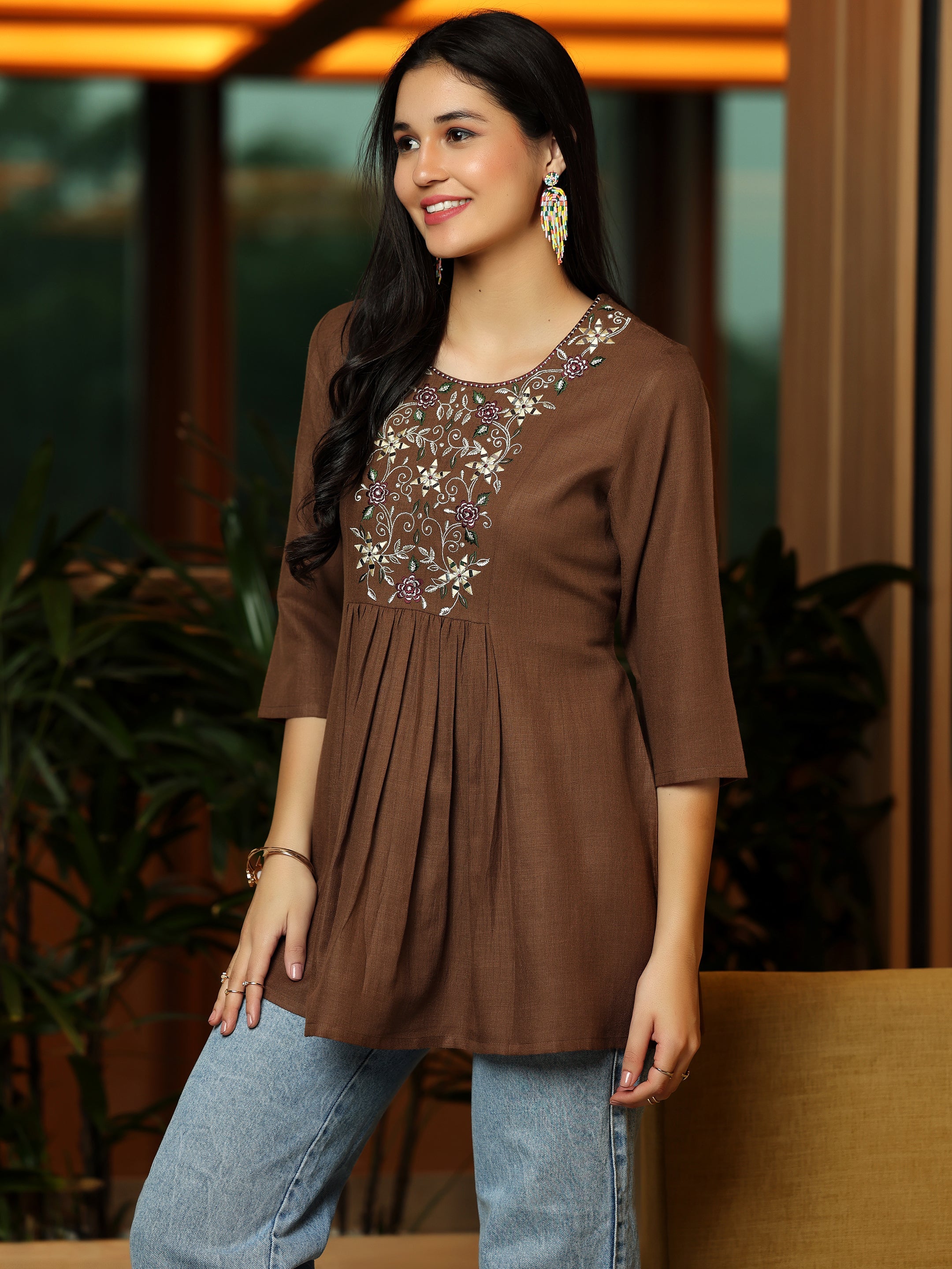 Libas Brown Yoke Design Cotton Blend A-Line Kurti - view 6