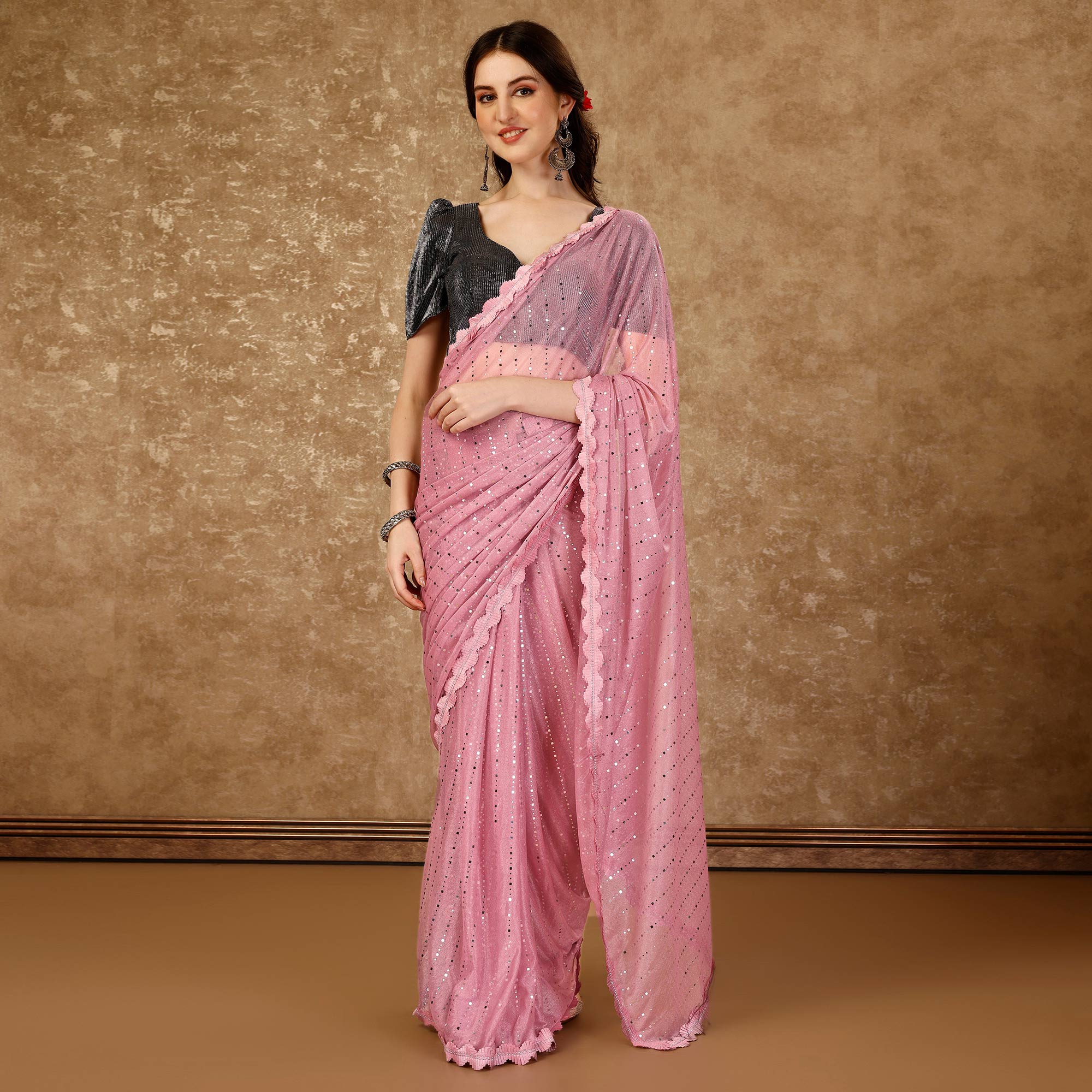 Peachmode Seller Light Pink Tikali With Swarovski Work Lycra Ready To Wear Saree - view 2