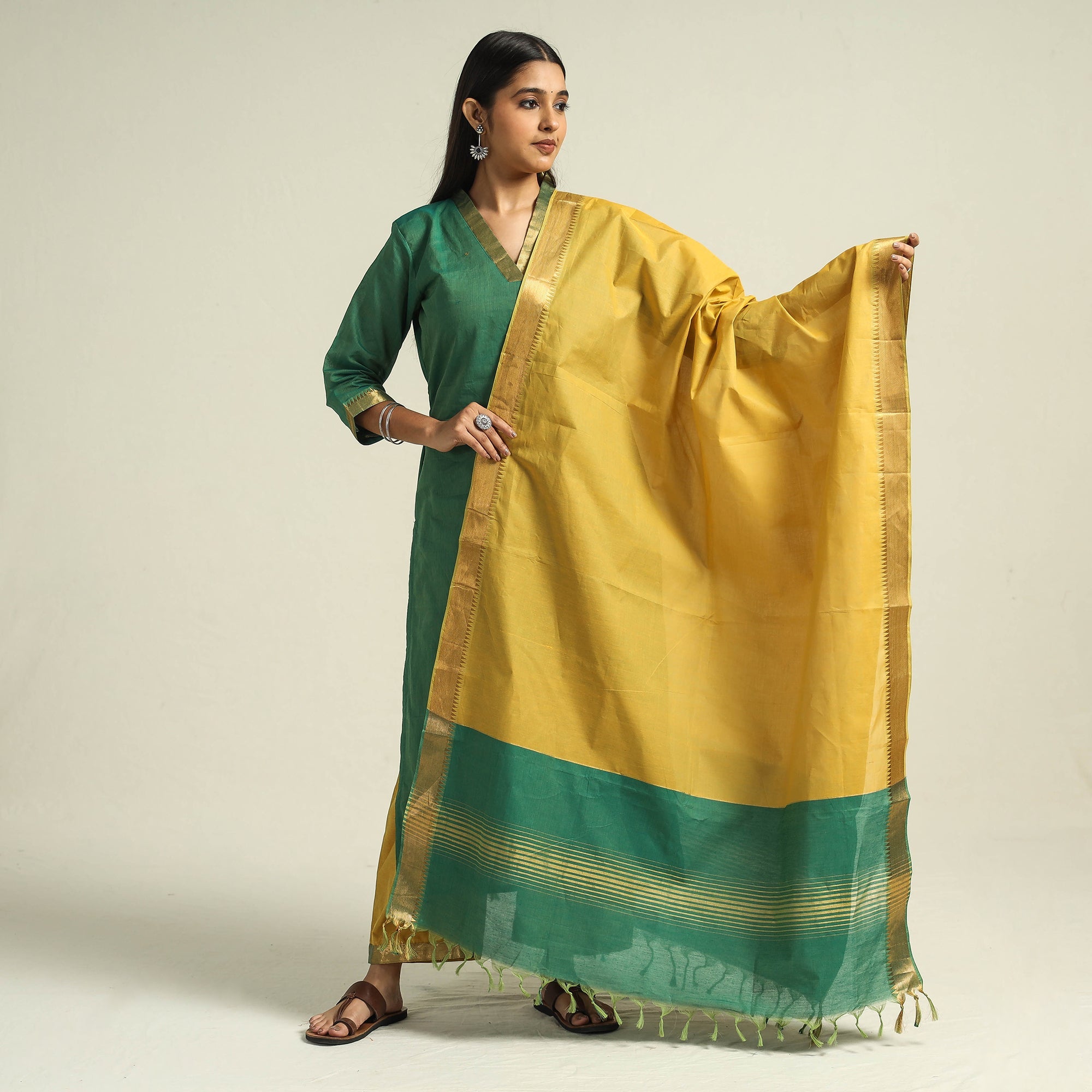 ITOKRI CASUALS Green - Mangalagiri Handloom Cotton Kurta with Palazzo & Dupatta Set