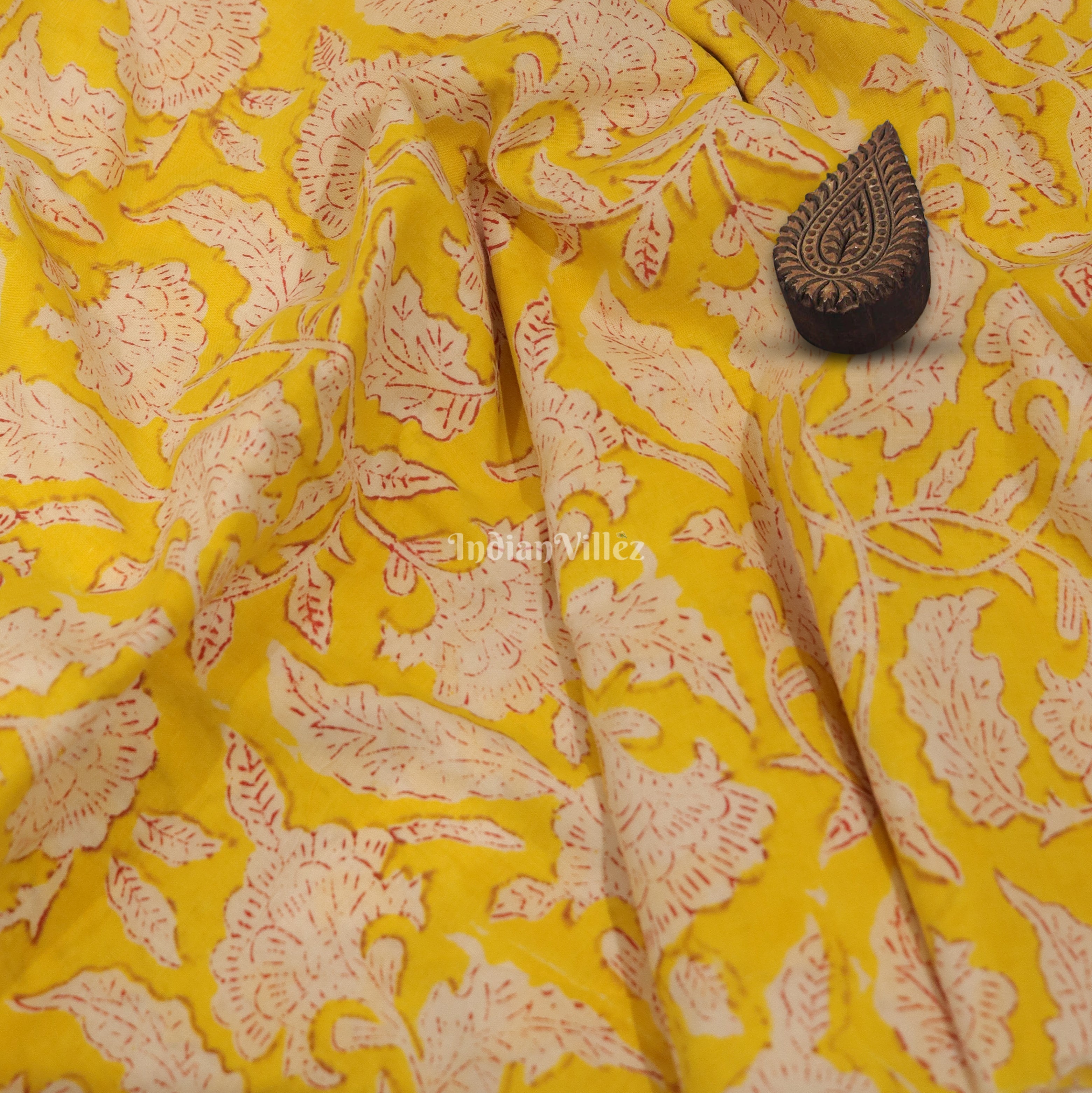 IndianVillèz Yellow White Flower Motif Hand Block Printed Cotton Fabric