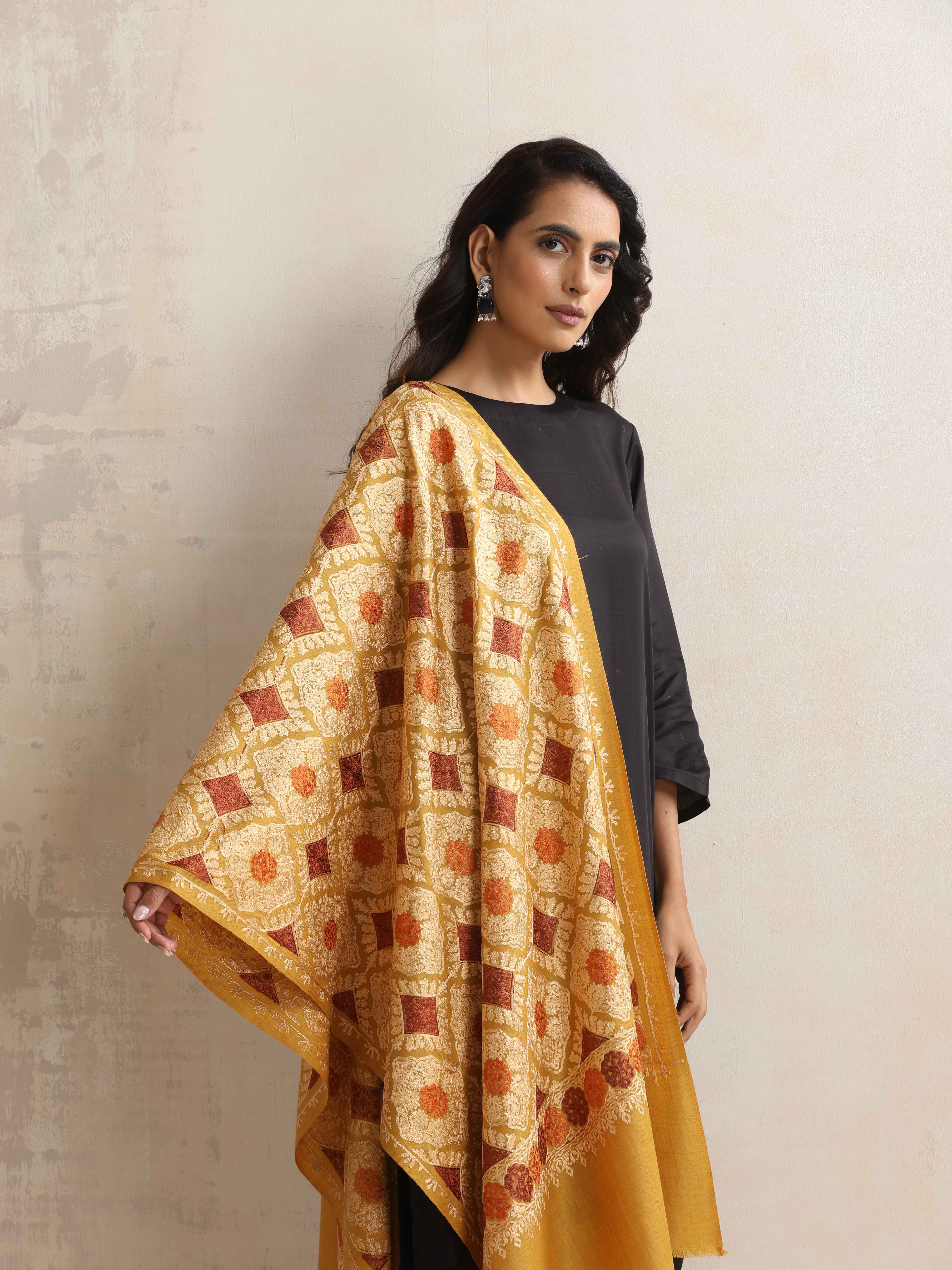 trueBrowns Mustard Embroidered Woollen Stole - view 2
