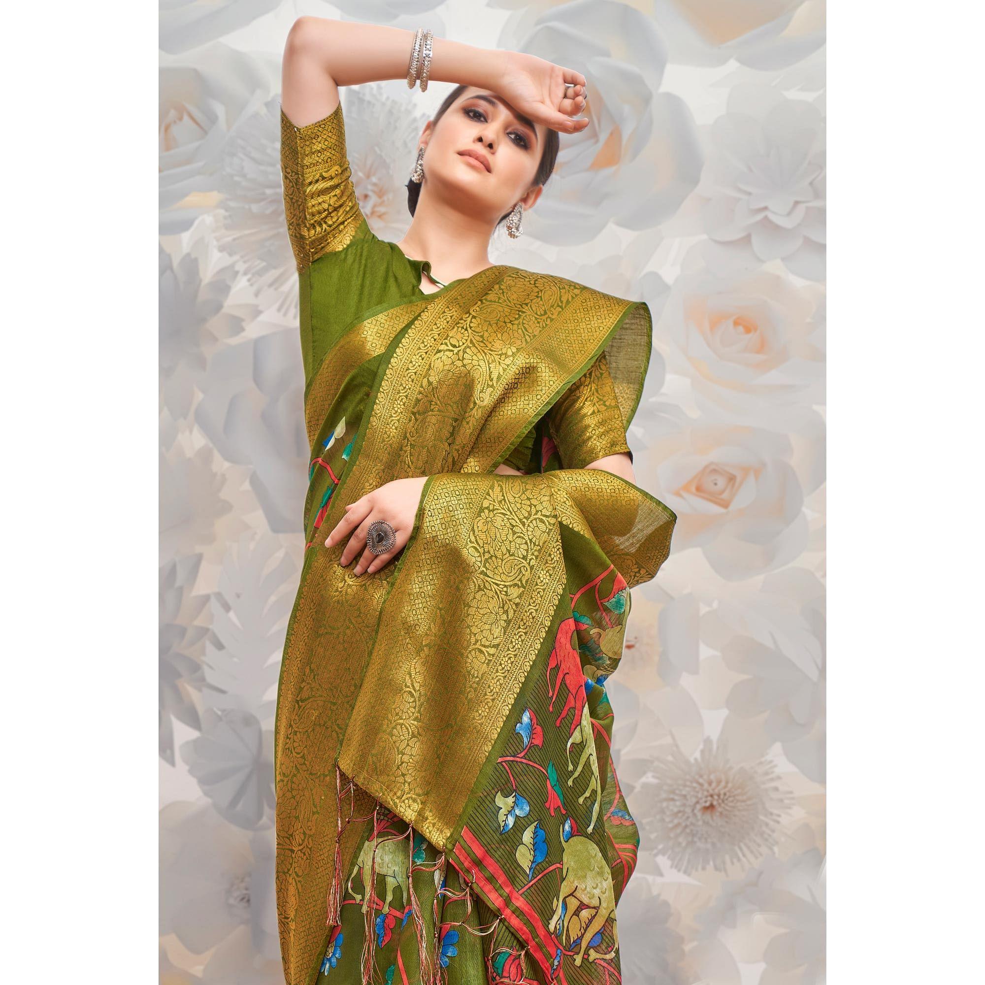 Peachmode Mehendi Green Festive Wear Printed Cotton Silk Saree - view 2