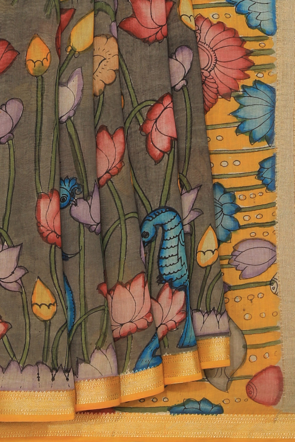 Kalanjali Kalamkari Hand-Painted Grey Saree – Women's