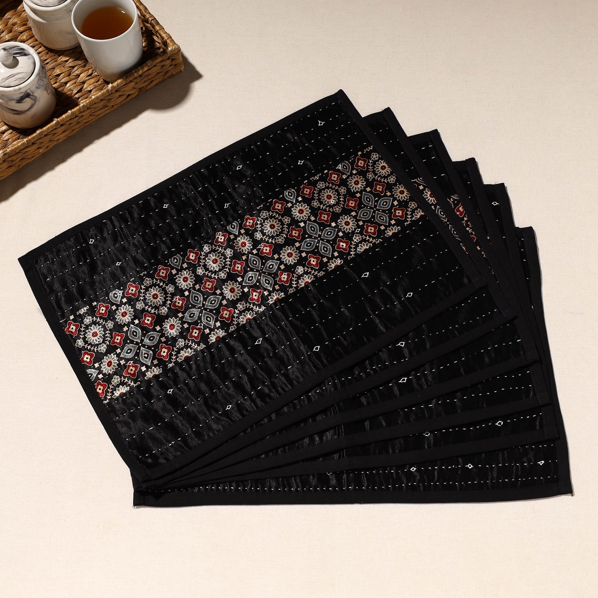 KACHCHH JI CHHAAP Black - Kutch Tagai Embroidered Mashru Silk Table Mats (SO6) 03