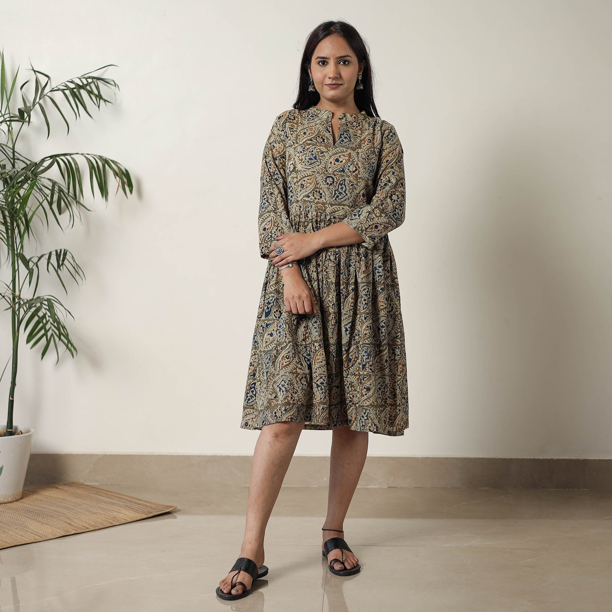 ITOKRI CASUALS Brown - Pedana Kalamkari Block Printed Cotton Flared Dress 09