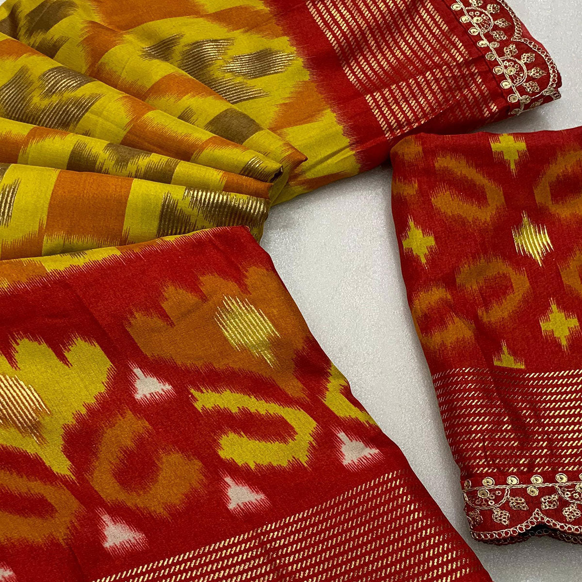 Peachmode Lemon Yellow & Red Ikkat Printed Dola Silk Saree With Sequins Embroidered Border - view 2