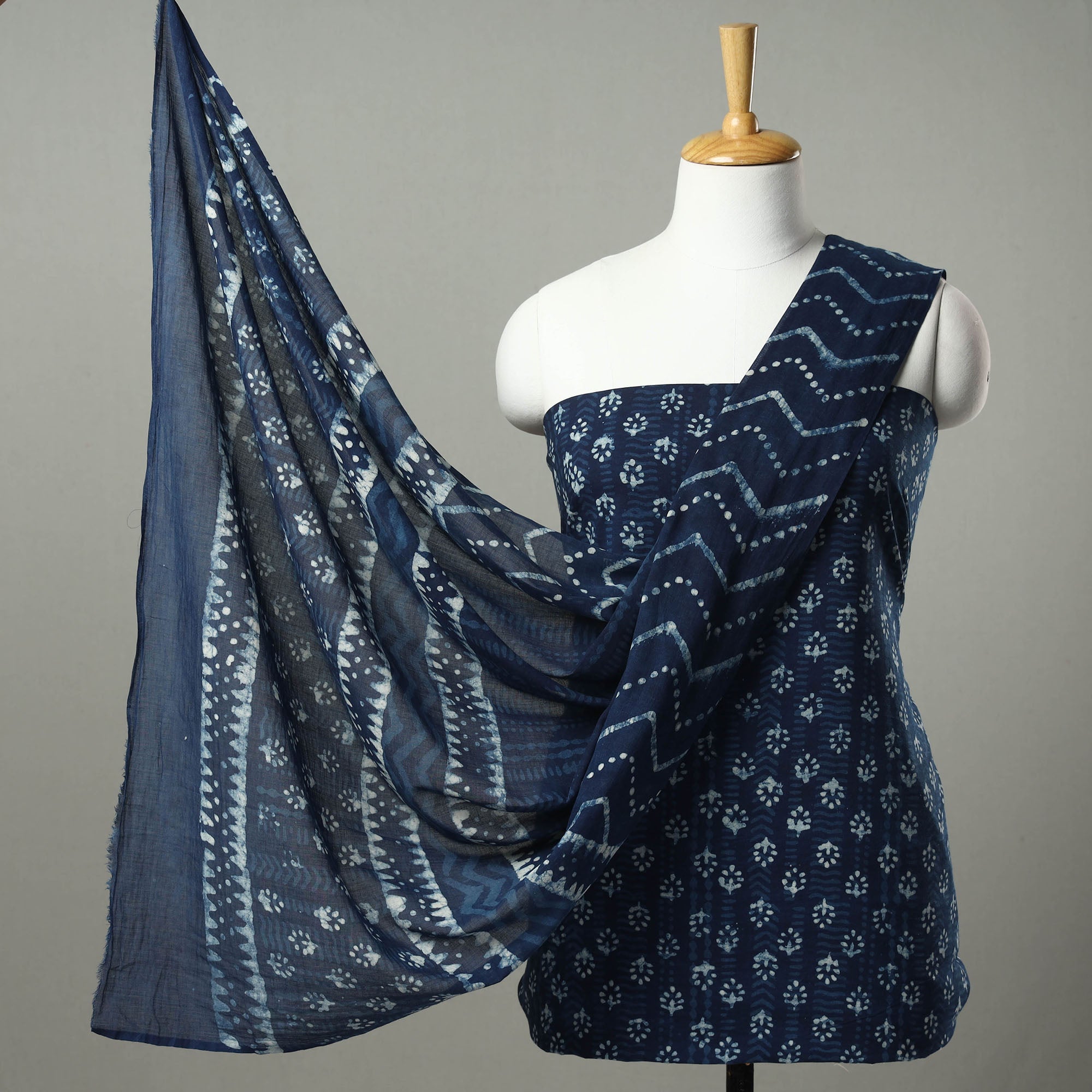 ARTISAN HAND BLOCK PRINTS Blue - 3pc Indigo Bagru Block Print Cotton Dress Material Set 04