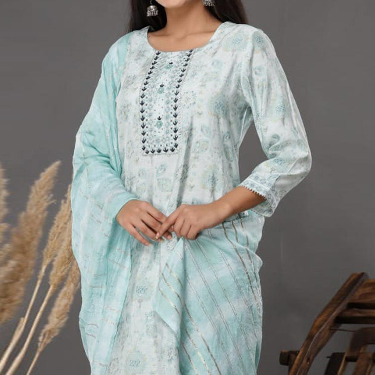 Peachmode Light Blue Printed Muslin Kurti Pant Set With Dupatta - view 3