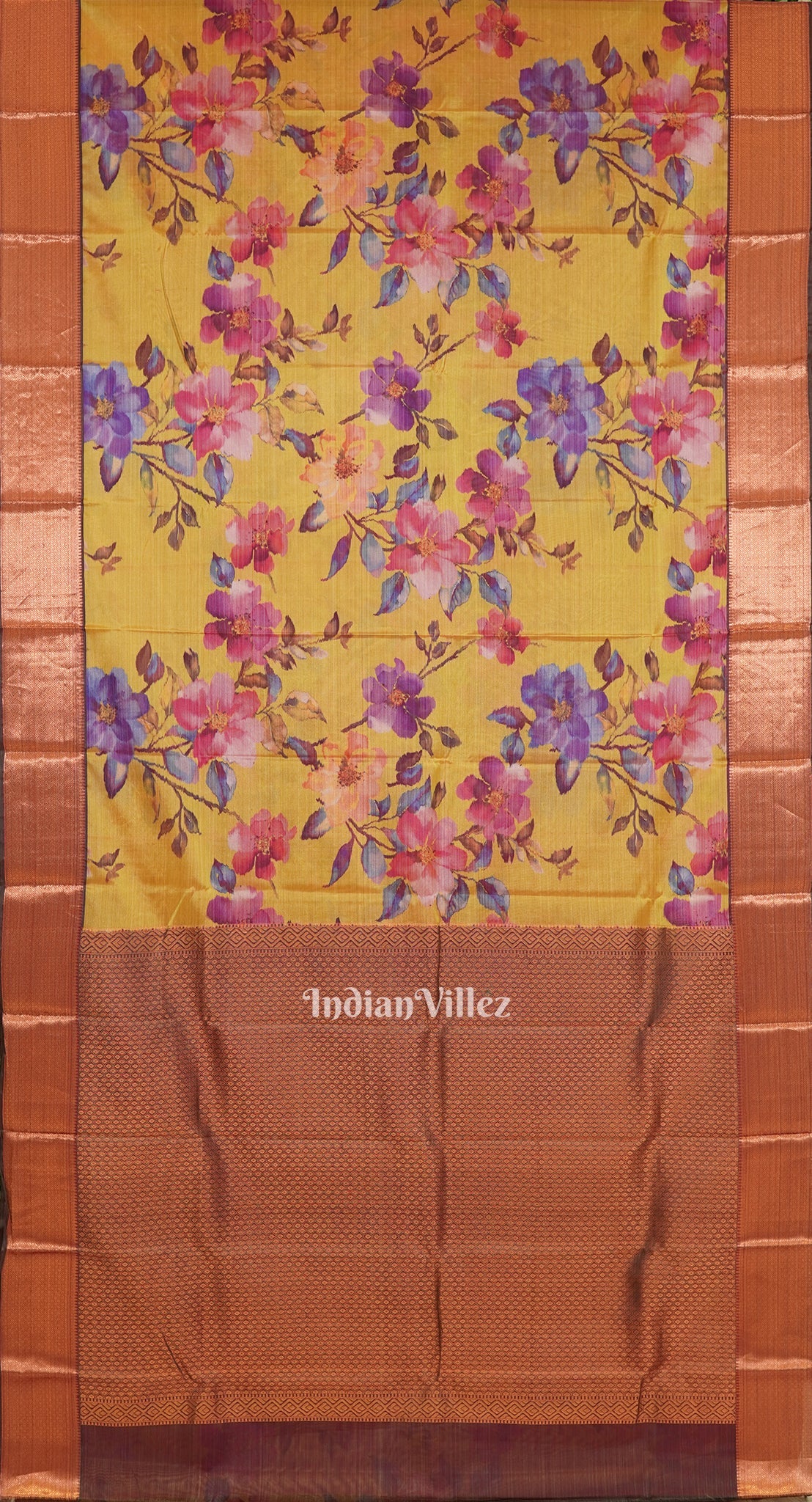 IndianVillèz Yellow Floral Digital Print Kanjivaram Silk Saree - view 2