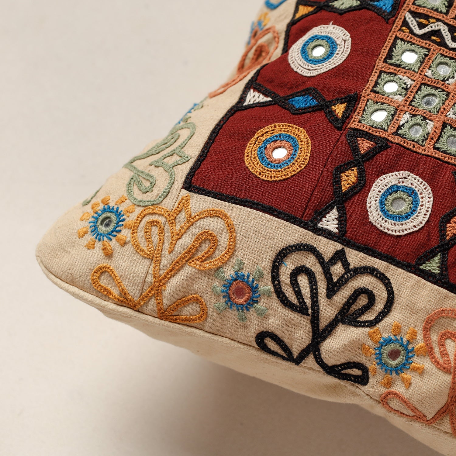 Beige - Kala Raksha Rabari Hand Embroidery Cotton Cushion Cover (12 x 12 in) - view 2