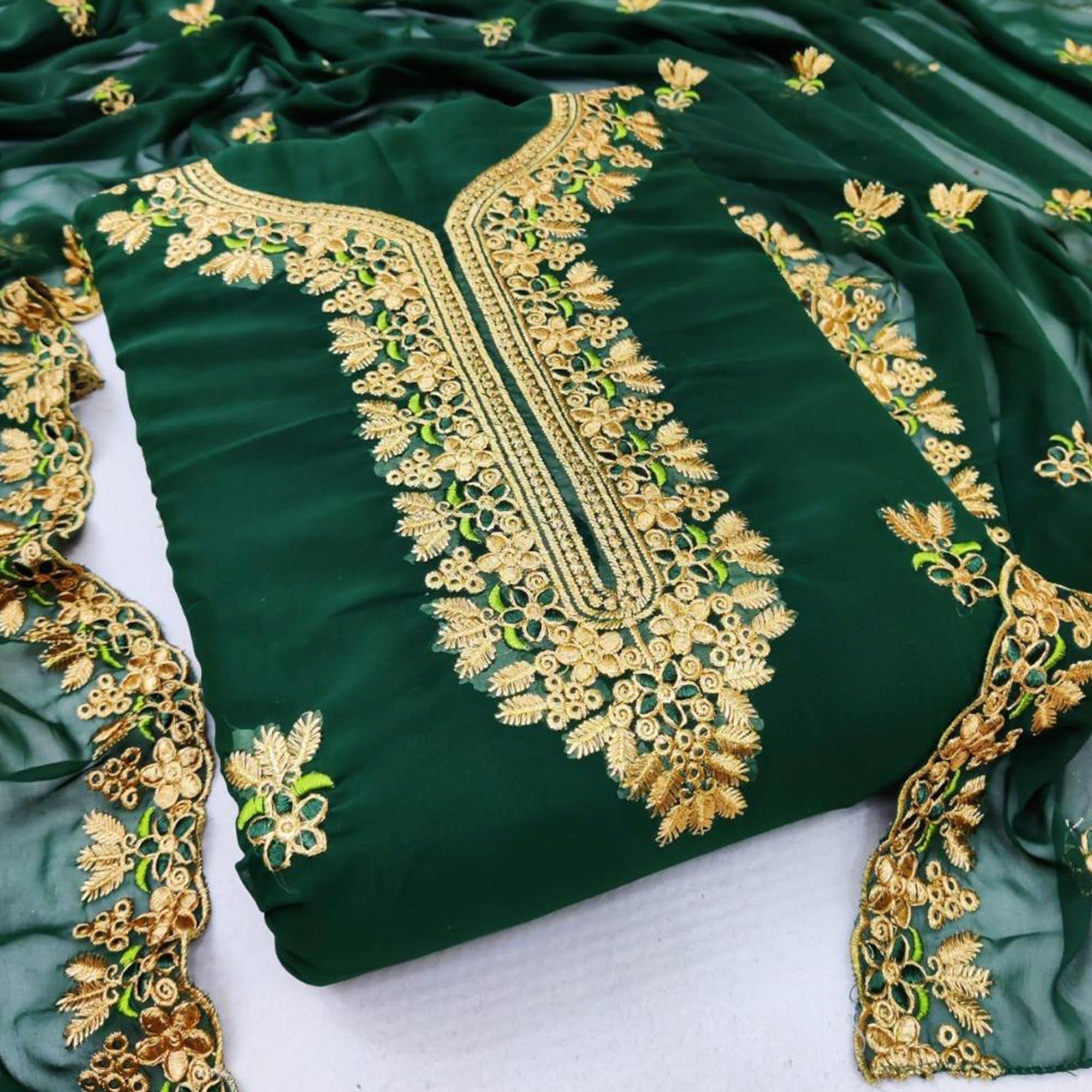 Peachmode Ideal Dark Green Coloured Casual Wear Embroidered Georgette Dress Material