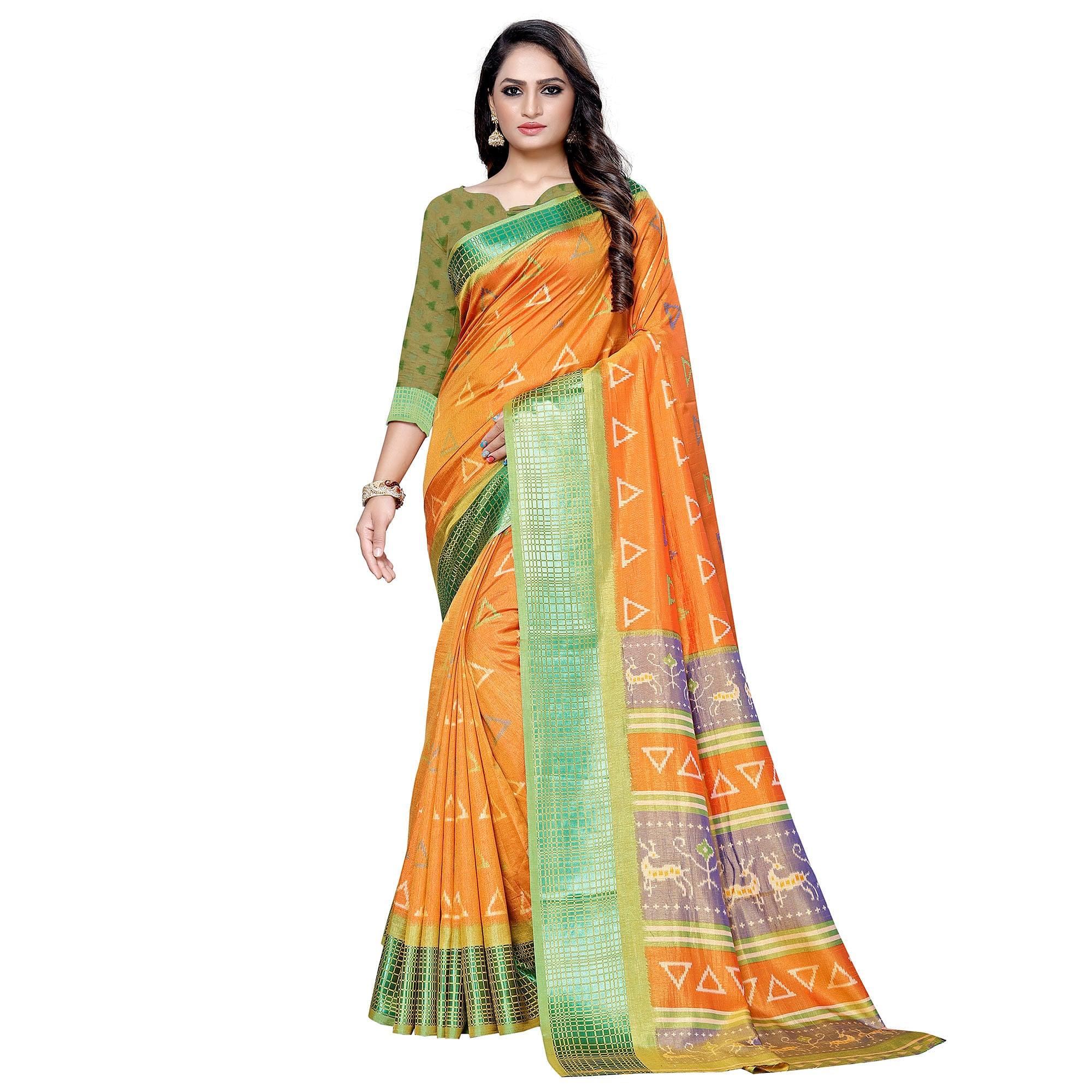 Peachmode Jazzy Orange Colored Casual Printed Art Silk Saree