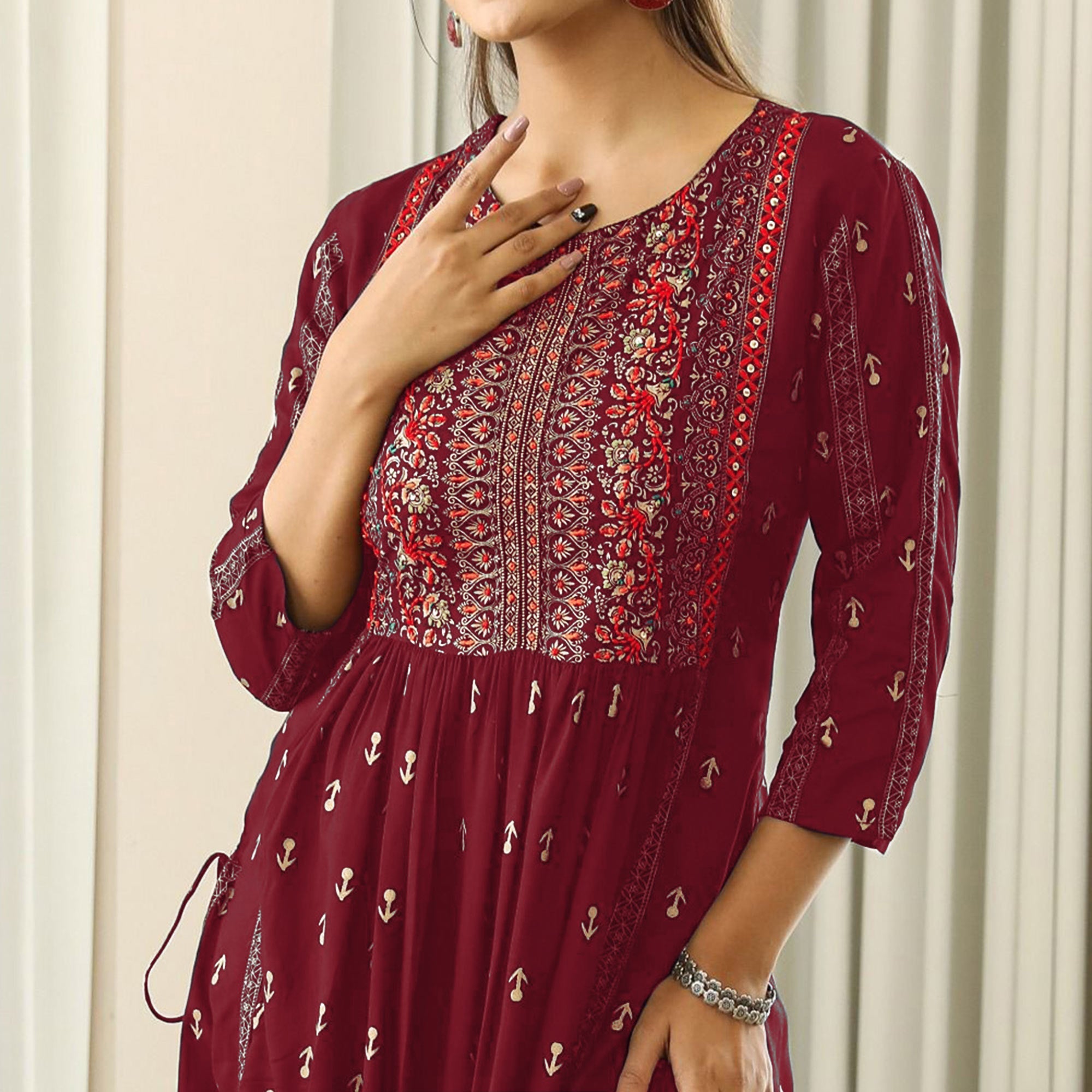 Peachmode Maroon Printed With Embroidered Rayon Naira Cut Kurti - view 3